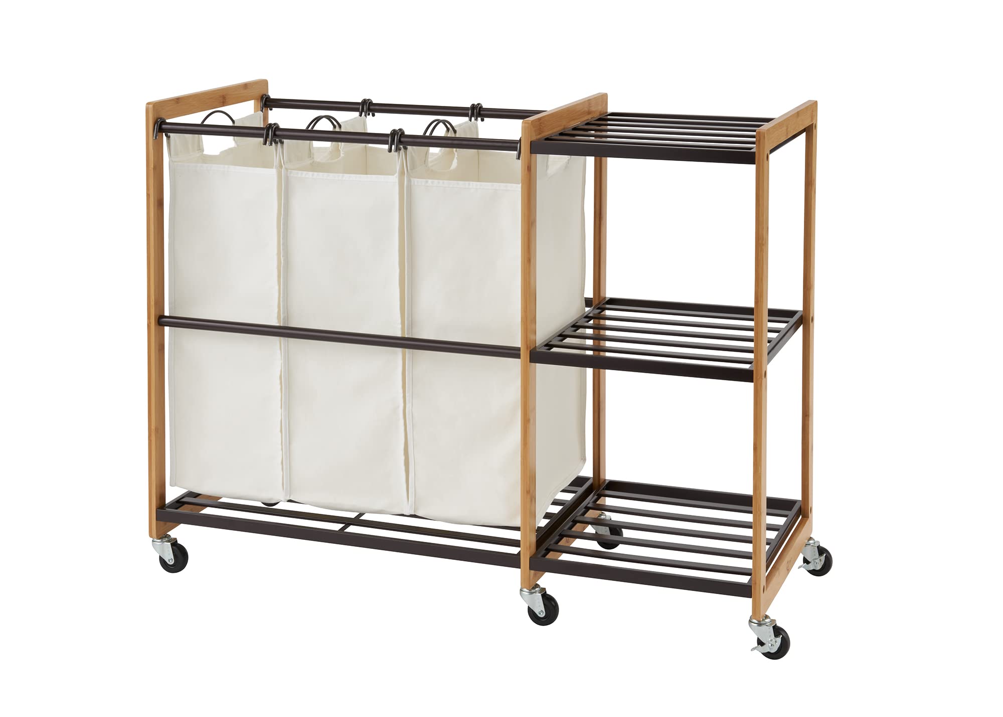 TRINITY 3-Bag Bamboo Laundry Hamper with Wheels - Foldable Laundry Organizer Cart with 3 Shelves & Bronze Poles for Bedroom, Closet, Dorm - Perfect for Small Spaces & Apartment Living