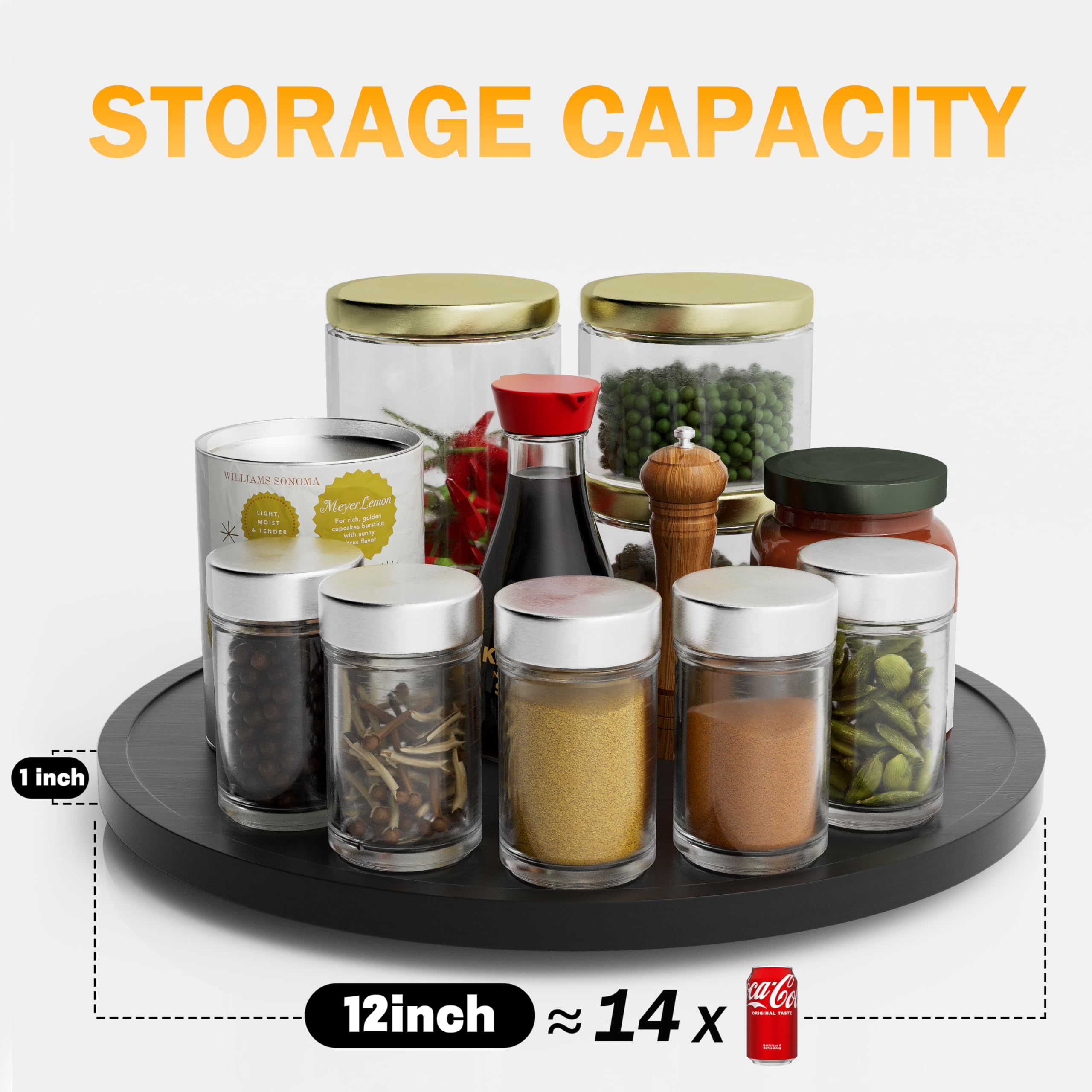 12 Inch Non-Skid Bamboo Lazy Susan Turntable Organizer - Rotating Spice Rack for Kitchen Cabinet, Wood Countertop Organizer for Spices, Condiments & Makeup - Perfect for Kitchen, Pantry & Vanity Organization (Black)