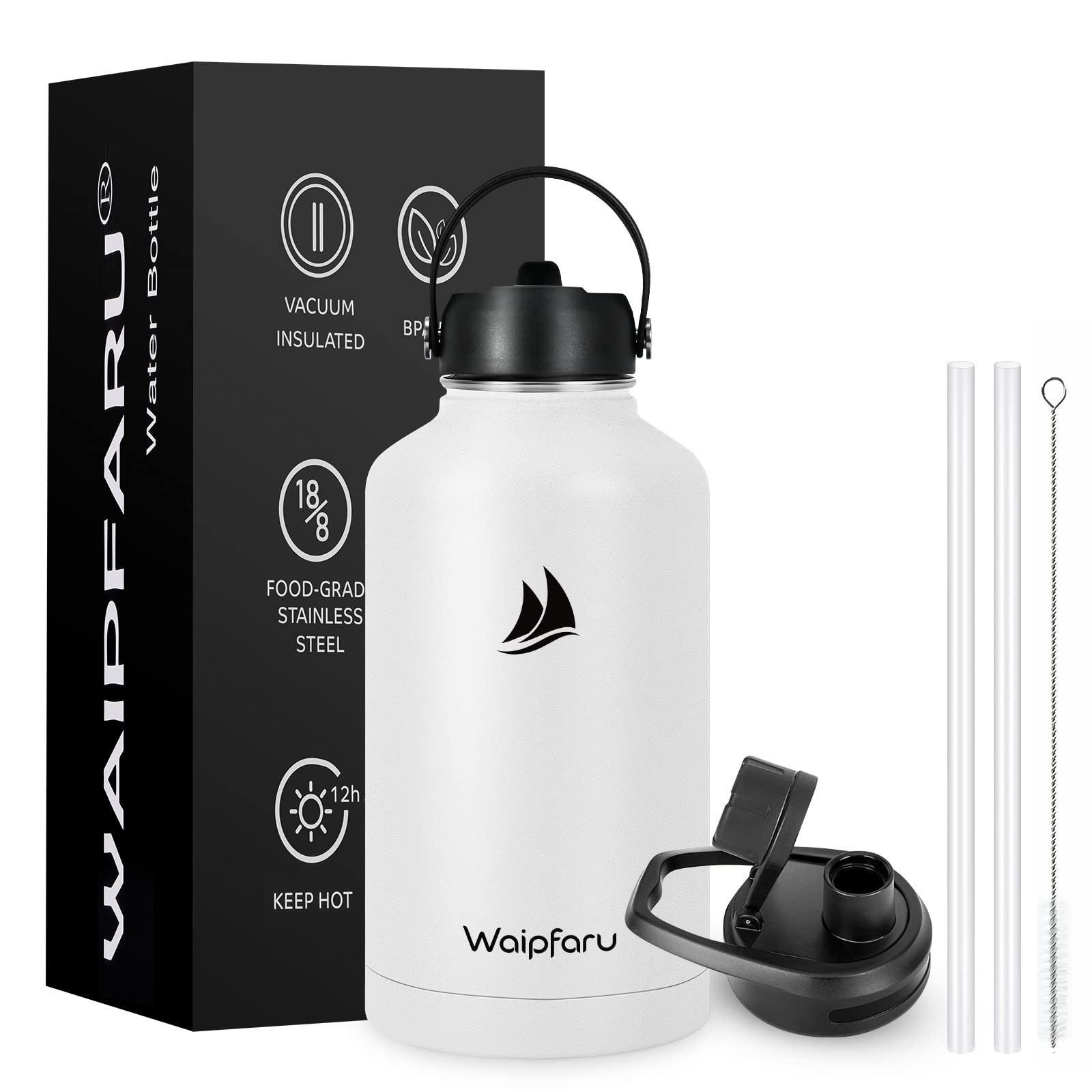 Waipfaru 64Oz Stainless Steel Water Bottle - Vacuum Insulated, 2 Lids & 2 Straws, Keeps Hot/Cold for 24 Hours, Wide Mouth Sports Bottle for Hiking, Biking, Gym & Outdoor Activities - White