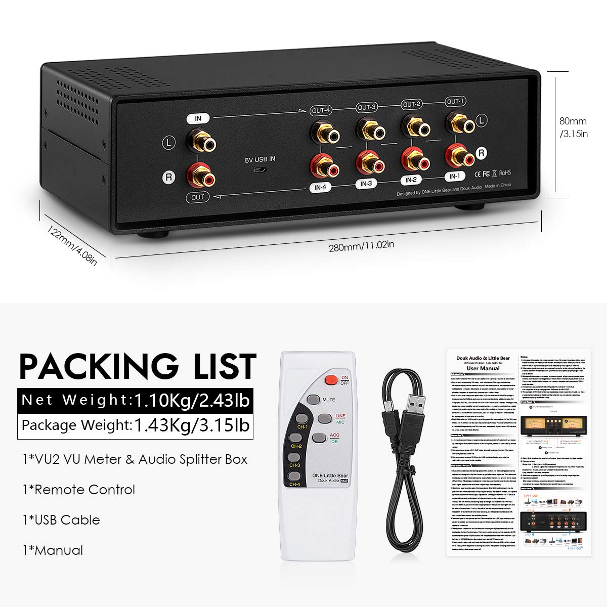 Douk Audio VU2 Dual VU Meter - Analog Sound Level Indicator with 4-Way Splitter Switch for MIC & Line Input - Audio Switcher Box for Speaker, Amplifier, Preamp (Light Version) - Perfect for Home Studios, DJ Setups & Live Sound Systems