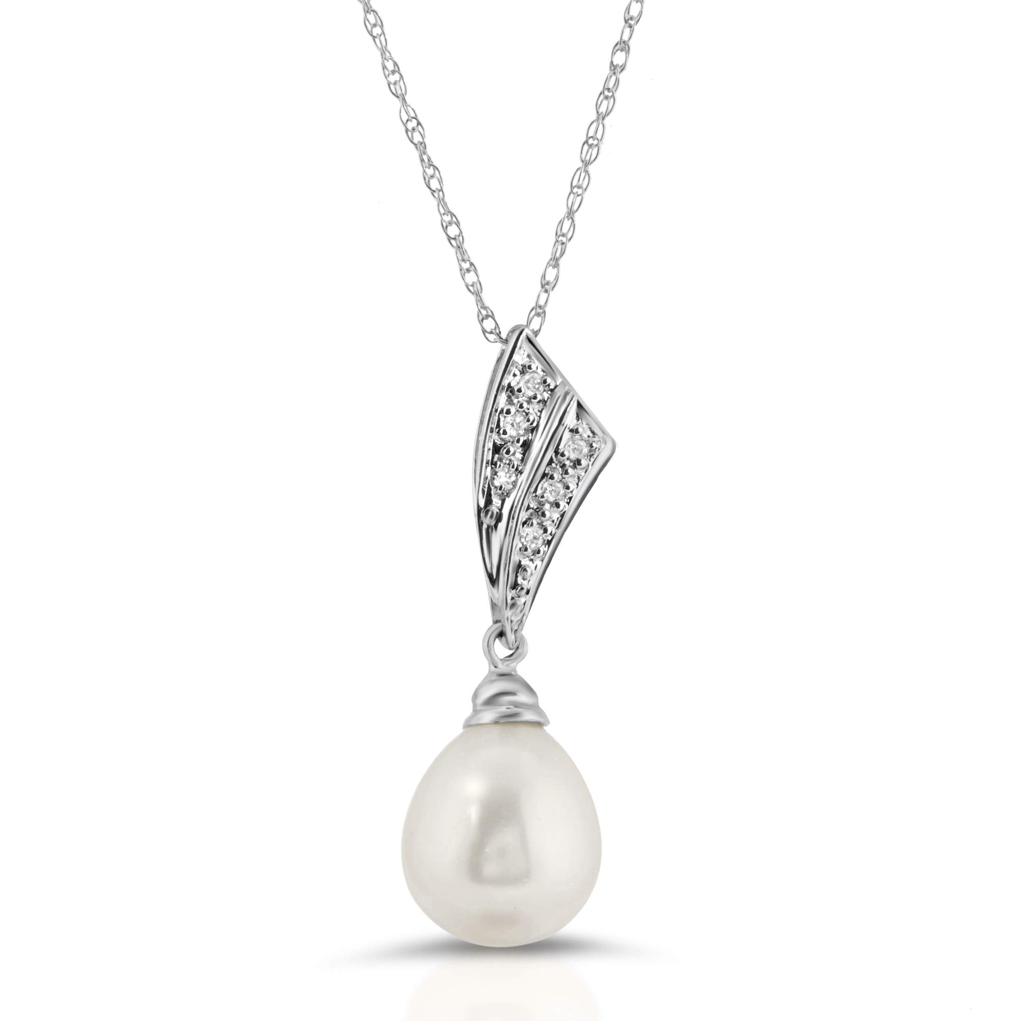 14K Gold Pearl and Diamond Pendant Necklace - Cultured Freshwater Pearl with 0.03ct White Diamonds - Elegant Jewelry Gift for Women, Perfect for Weddings, Anniversaries & Special Occasions