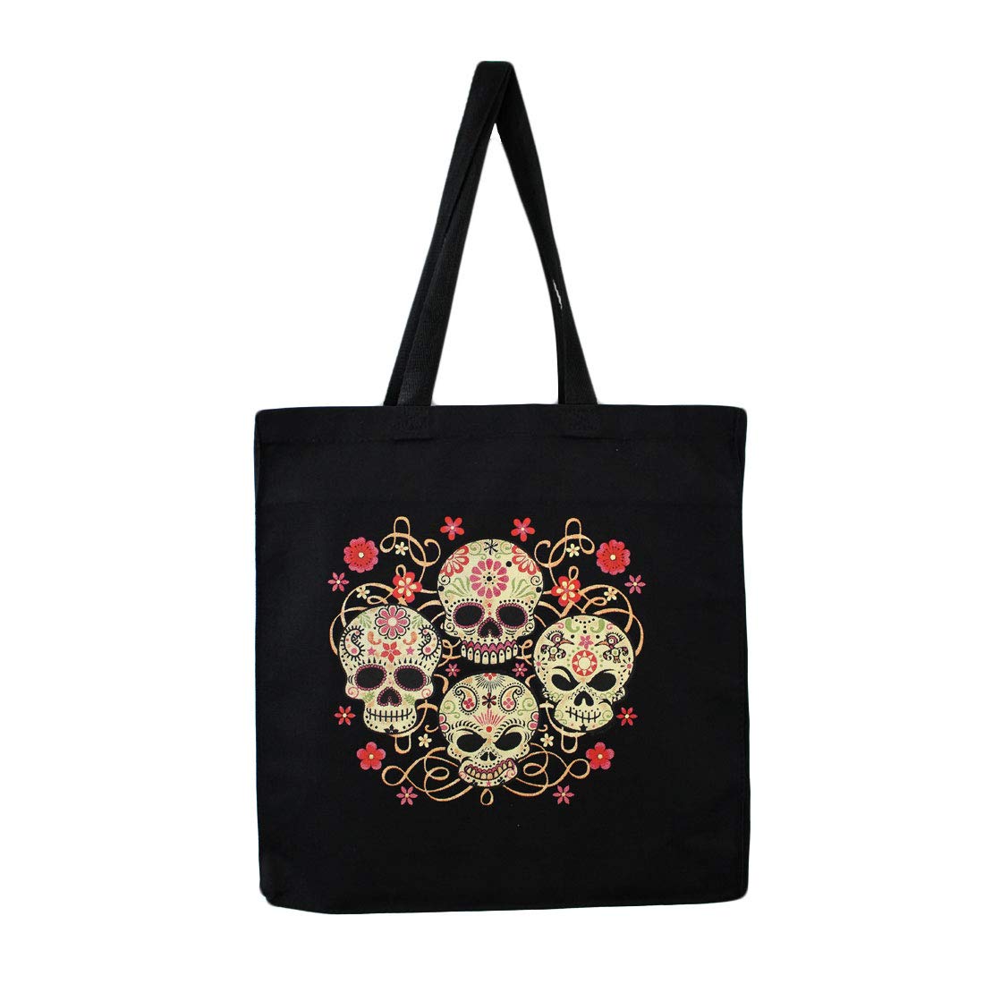 Stylish Black Canvas Tote Bag with Skull and Floral Print - Perfect for Shopping, Beach, Work & Everyday Use
