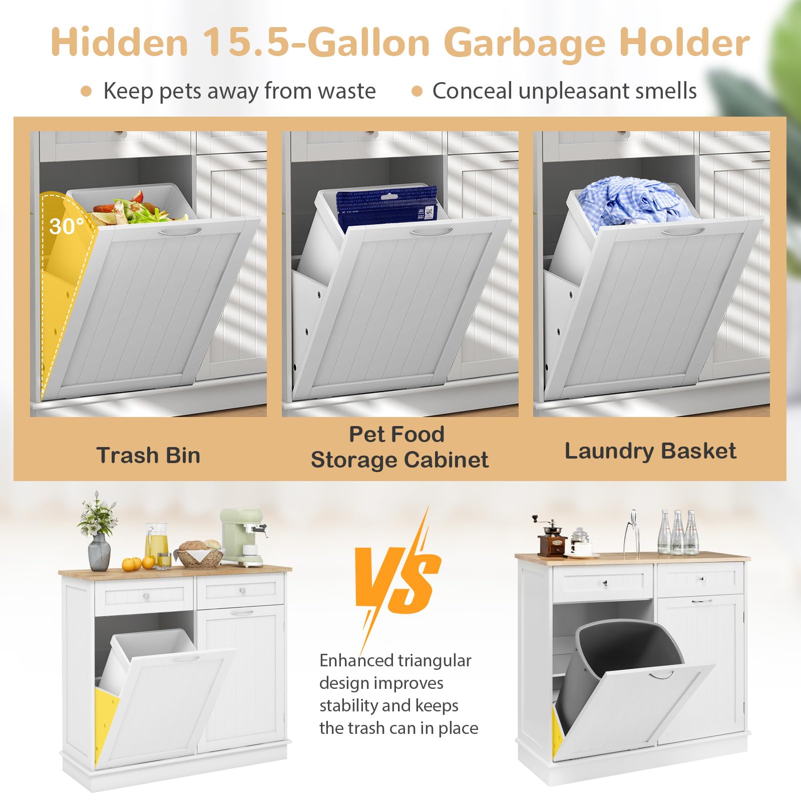 Giantex 15.5 Gallon Kitchen Trash Cabinet with Tilt-Out Bin - White Rubber Wood Countertop, 2 Large Drawers & Adjustable Shelf - Waste & Recycling Organizer for Kitchen Island, Pantry or Utility Room Storage
