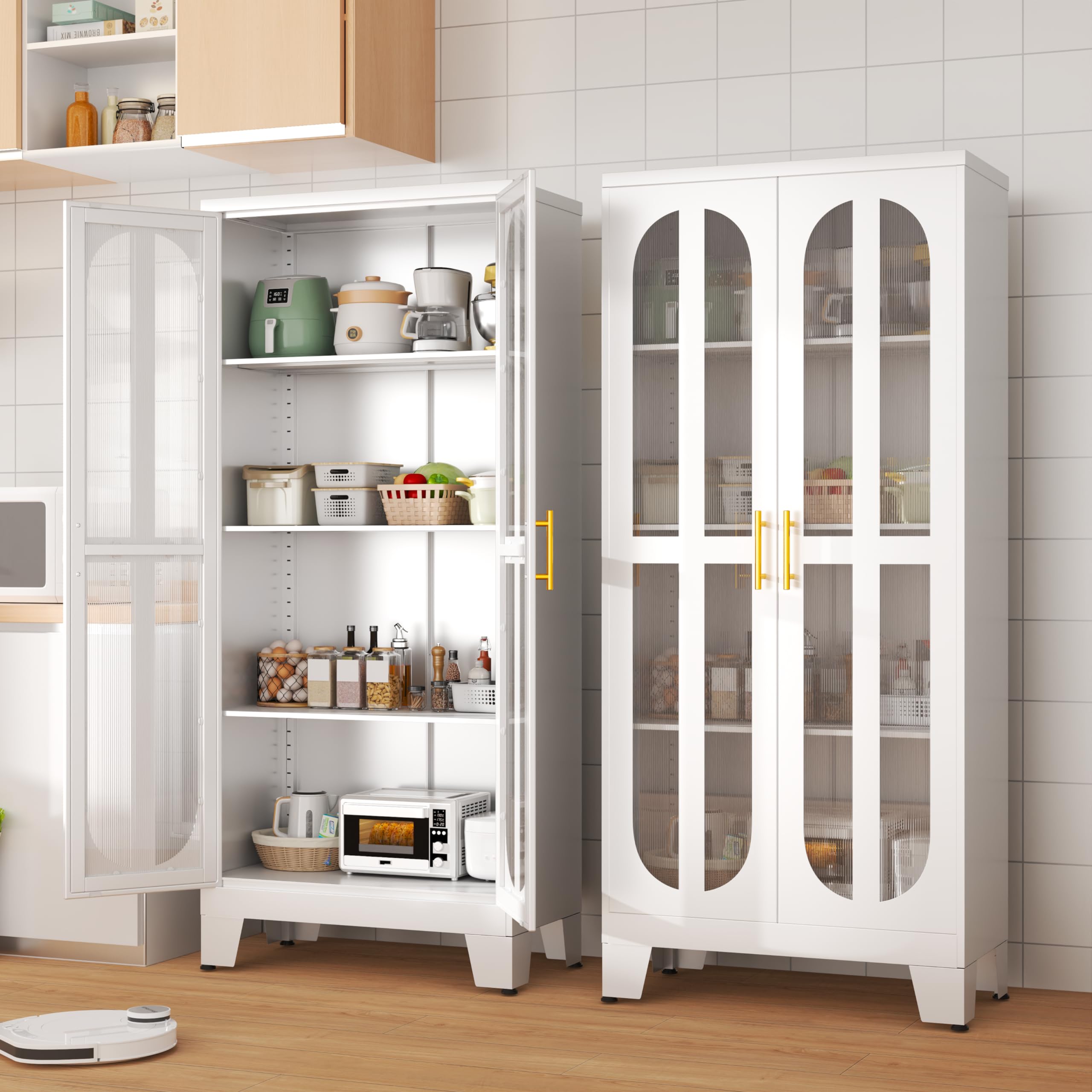 Stainless Steel Kitchen Pantry Storage Cabinet with Acrylic Glass Doors & Adjustable Shelves - 61.02