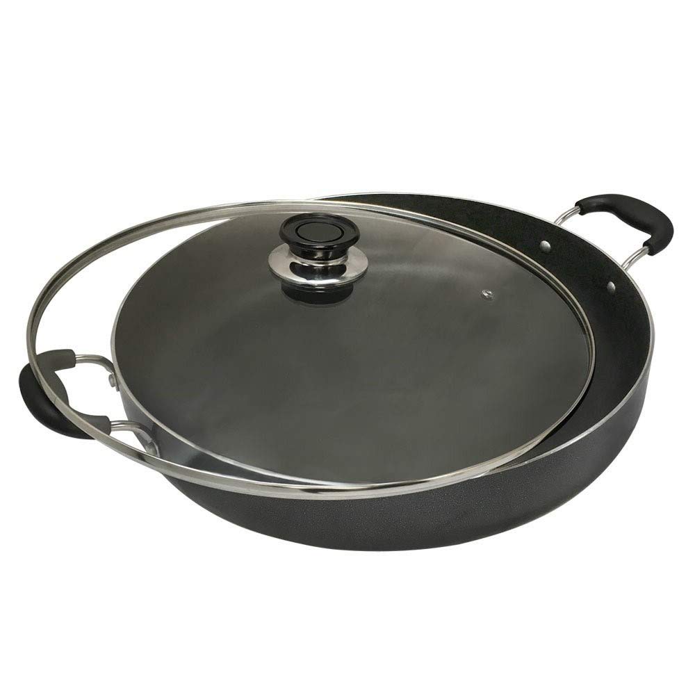 14 Inch Aluminum Low Pot Cookware - Non Stick Deep Cooking Wok with Wide Base for Stir Frying, Braising & Steaming | Perfect for Asian Cuisine & Home Kitchen Use
