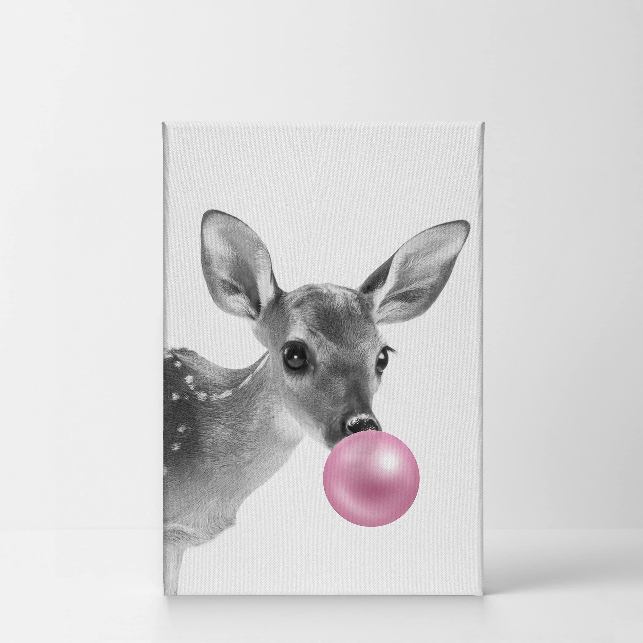 Smile Art Design Baby Deer Animal Decor Bubble Gum Pink Canvas Print - Black and White Wall Art for Nursery, Kids Room Decor - Stretched & Ready to Hang (40x30 inches) - Perfect for Baby Showers, Birthday Gifts & Home Decoration - Made in USA