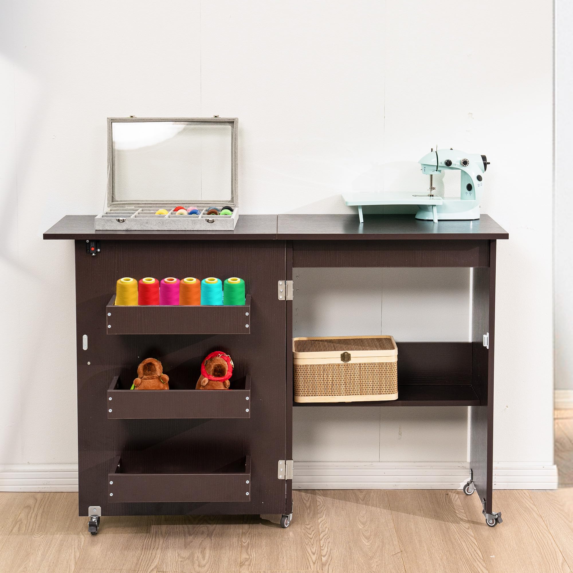 VIVOHOME Folding Sewing Craft Table with Storage Shelves & Lift - Rolling Sewing Machine Desk for Small Spaces, Dark Brown - Perfect for Quilting, DIY Projects & Home Crafting