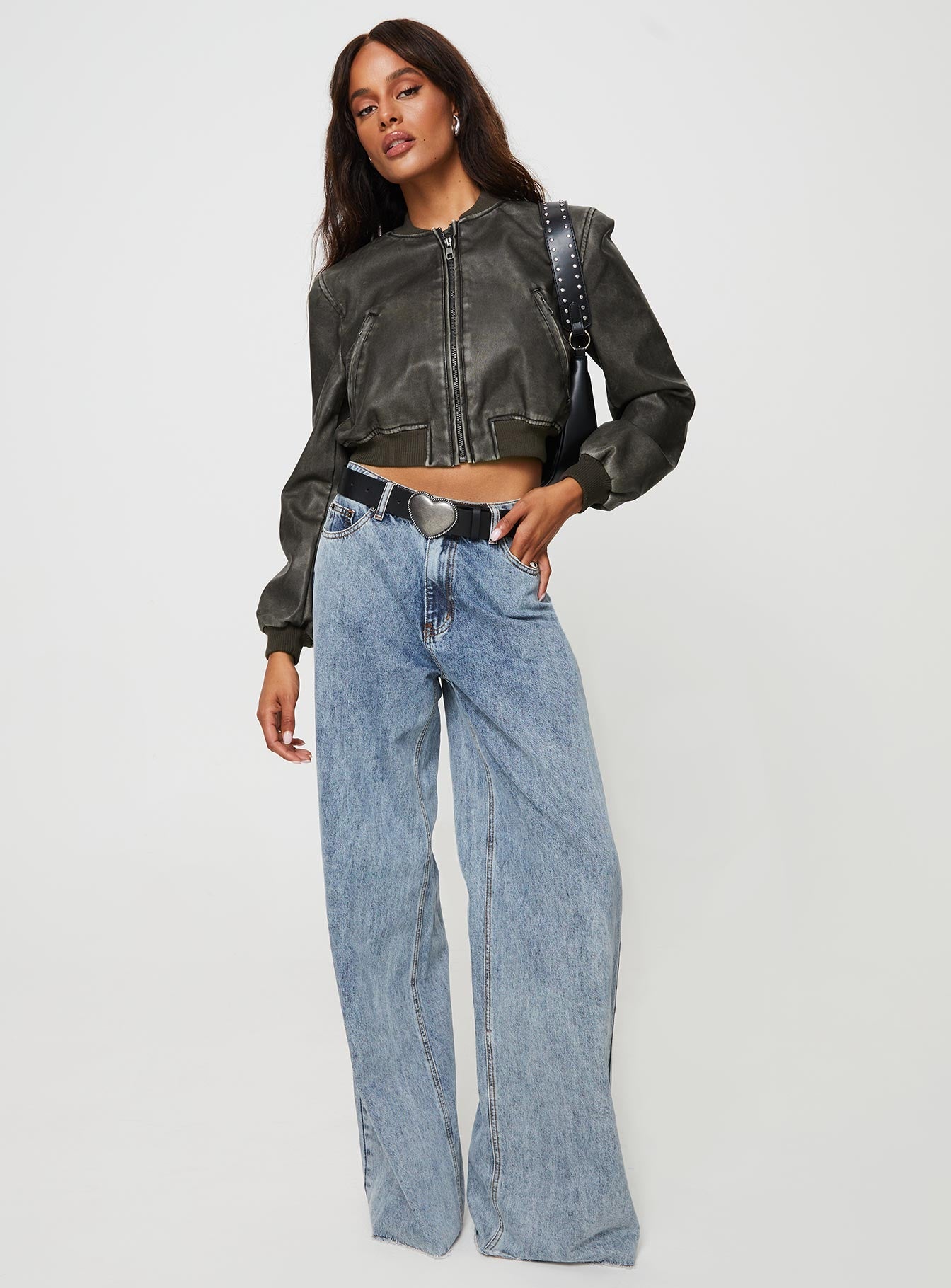 Allure Faux Leather Bomber Jacket for Women - Charcoal Gray Stylish Outerwear - Perfect for Casual Outfits, Night Out & Fall Fashion