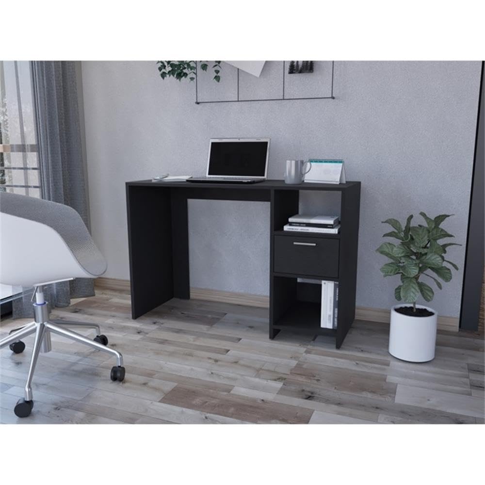 Arlington Black Computer Desk with Drawer & 2 Open Shelves - Home Office Desk with Sturdy Legs for Study, Work & Gaming | Compact Workstation for Small Spaces