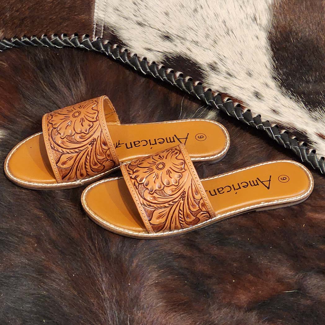 American Darling Tooled Slide Sandal - Comfortable Leather Sandals for Women | Western Style Casual Shoes | Perfect for Summer, Beach, and Outdoor Activities