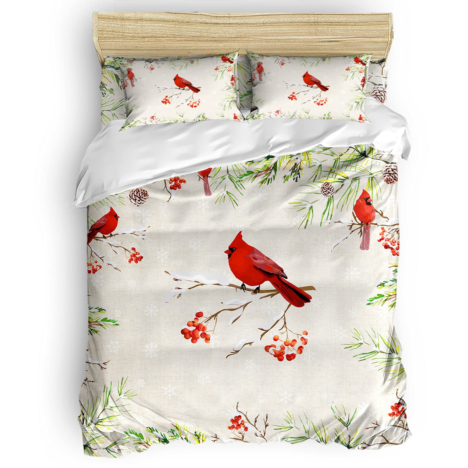 4Pcs Christmas Duvet Cover Set Full Size - Holiday Berries & Robin Bird Design Bedding Set with Zipper Closure | Cozy Winter Bedroom Decor for Festive Season