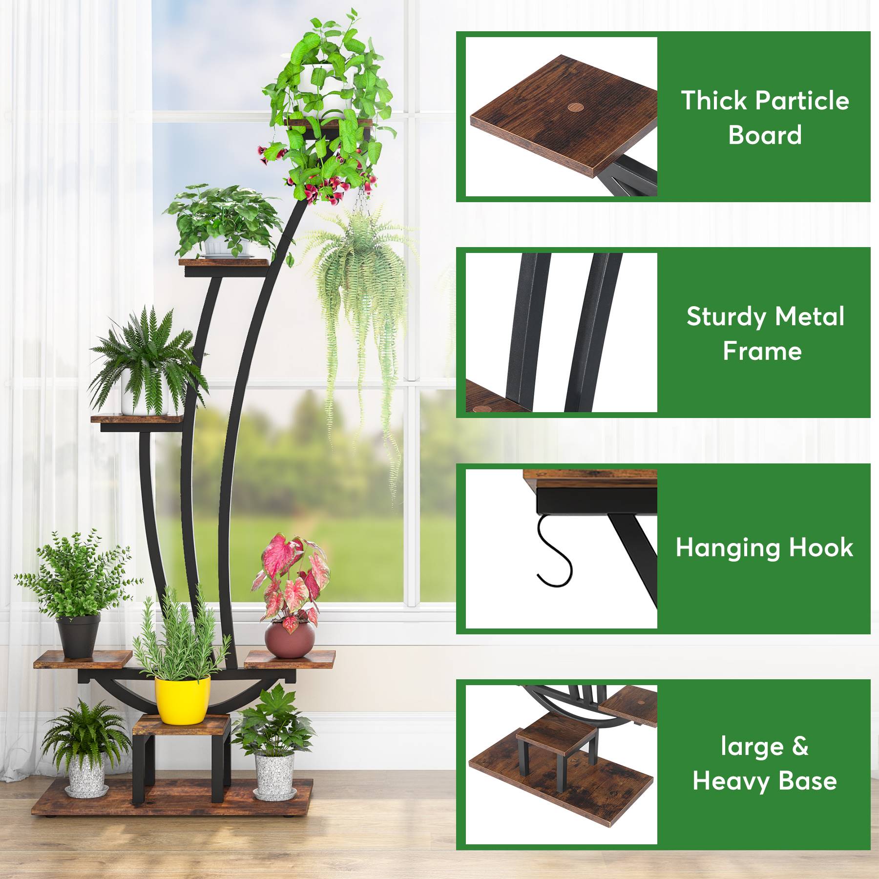 6 Tier Metal Plant Stand - Pack of 2 Curved Display Shelves with Hanging Hooks for Indoor Outdoor Garden, Balcony, Patio Decor