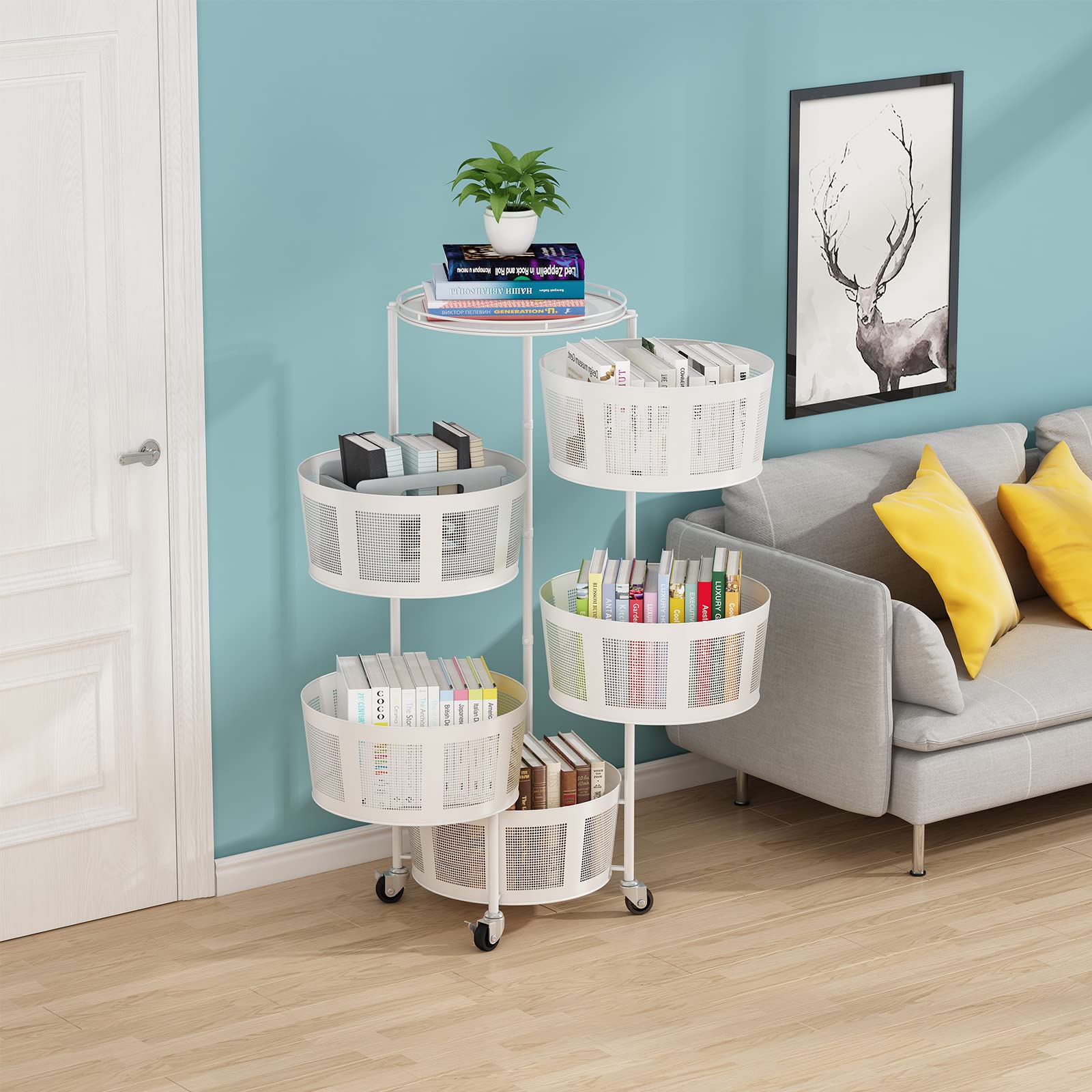 5-Layer Rotating Metal Storage Basket for Kitchen - Hanging Organizer for Fruits & Vegetables - Space Saving Storage Rack for Living Room, Bathroom & Home Organization (Perfect for Small Spaces & Clutter-Free Homes)