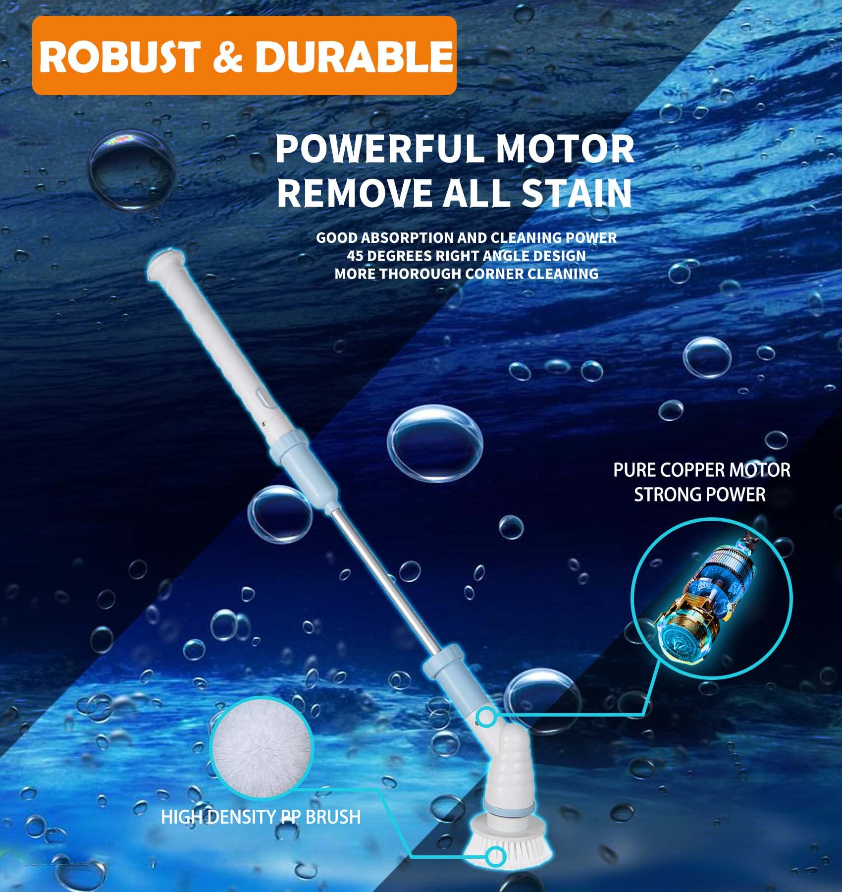 Electric Spin Scrubber Brush - Cordless Power Scrubber with 3 Replaceable Heads, Adjustable Extension Handle for Bathroom, Shower, Tile & Tub Cleaning - Blue & White - Perfect for Deep Cleaning Grout, Sinks & Hard-to-Reach Areas