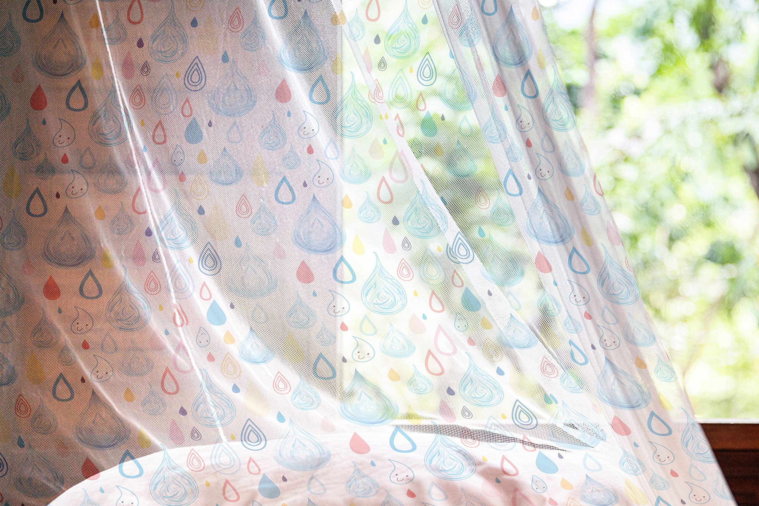 Ambesonne Rain Tulle Curtains with Rod Pocket - Large & Small Raindrops Waterfall Design, Sheer Drapes for Living Room Bedroom, 108