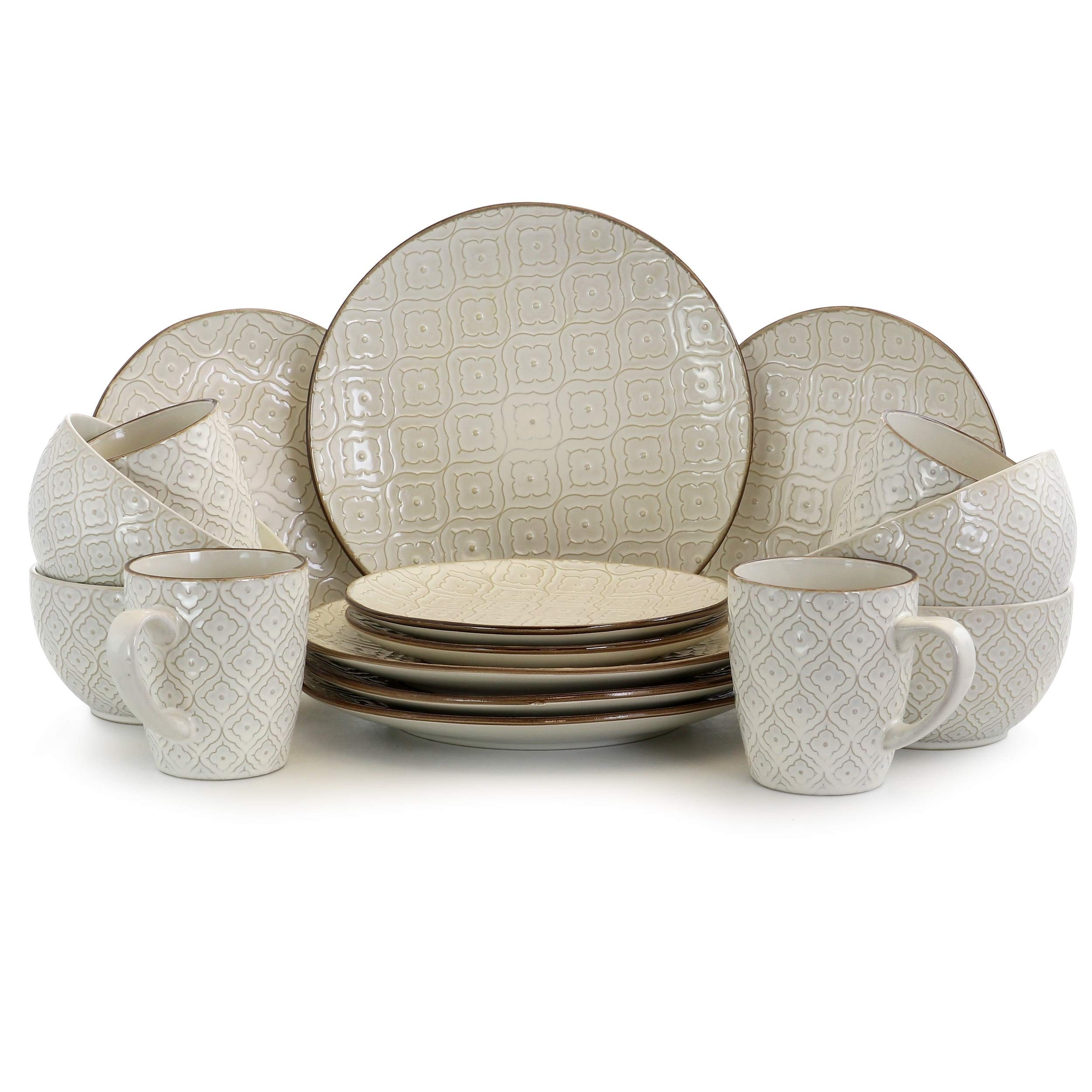 16-Piece White Stoneware Dinnerware Set - Textured Casual Round Plates & Bowls - Microwave & Dishwasher Safe - Perfect for Everyday Meals, Family Dinners & Entertaining Guests