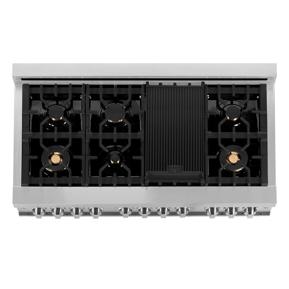 ZLINE 48-inch 6.0 cu. ft. Stainless Steel Dual Fuel Range with Gas Cooktop & 2 Electric Ovens - Brass Burners (RA BR 48) for Professional Home Kitchens & Gourmet Cooking