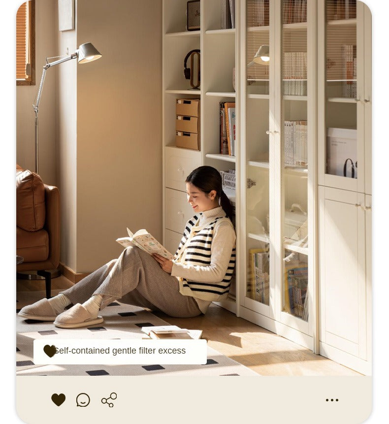French Cream Style Poplar Solid Wood Bookcase with Glass Door - Whole Wall Combination for Living Room, Office & Library Storage