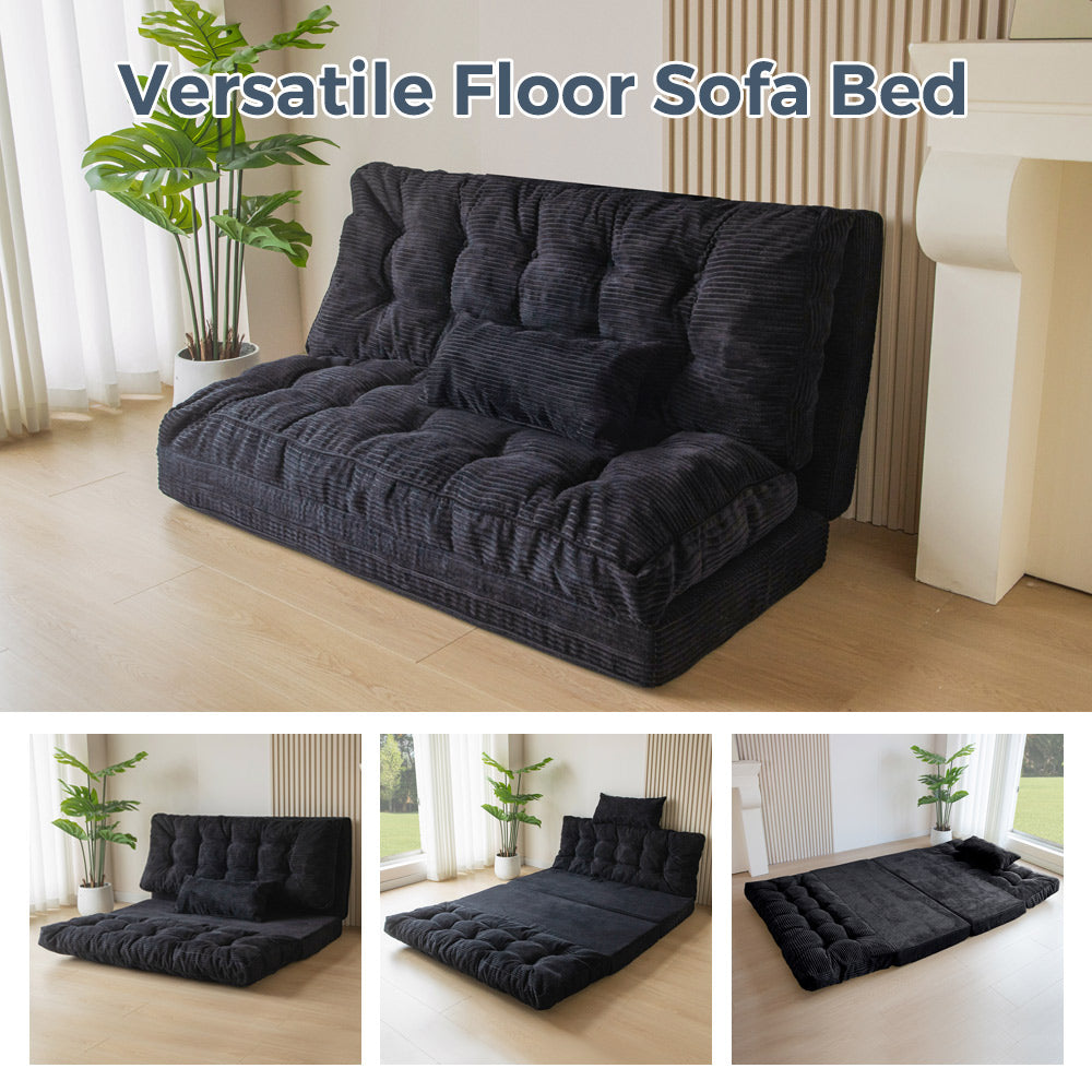 MAXYOYO Tufted Foldable Bean Bag Sofa Bed with Pillows - Black Floor Couch for Living Room, Bedroom & Dorm | Comfortable Lounge Chair for Relaxing, Reading & Gaming