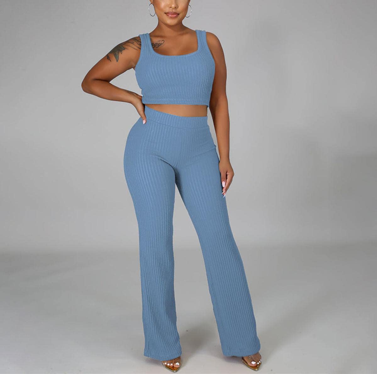 Women's 2 Piece Casual Outfit Set - Sleeveless Crop Top & High Waist Lounge Pants | Summer Athleisure Wear for Yoga, Gym, Running & Street Fashion