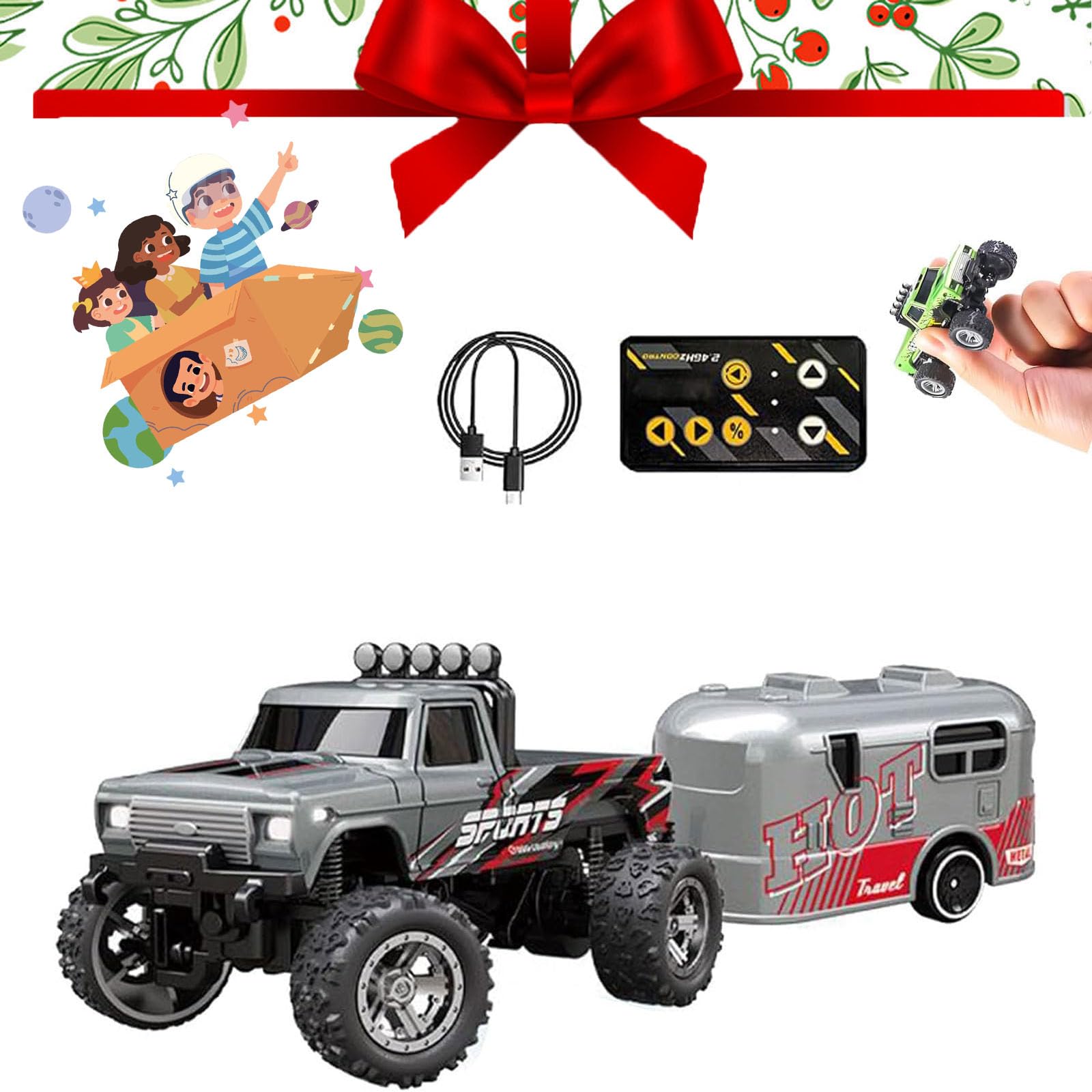 1:64 Scale Mini RC Truck with Trailer - 2.4GHz Remote Control Alloy Monster Truck Toy with LED Lights | Kids Birthday Gift | Indoor & Outdoor Play, Backyard Racing, Collection Display (Black)