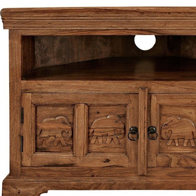 Handcrafted Solid Wood Elephant Design Corner TV Stand - Traditional Indian Style for Living Room & Bedroom - Perfect for Small Spaces & Home Decor