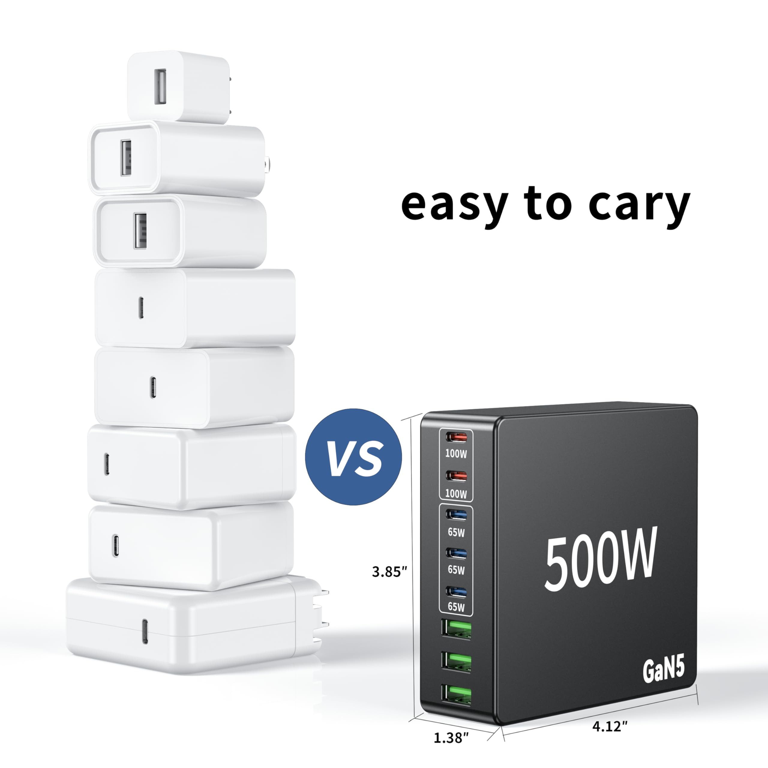500W USB C Fast Charger Block with 8 Ports - GAN Charging Station Hub, Dual PD 100W Laptop Charger for MacBook Pro/Air, Dell, HP, iPad, iPhone 16/15/14/13/Pro Max, Samsung Galaxy Note - Perfect for Home, Office & Travel Charging Needs