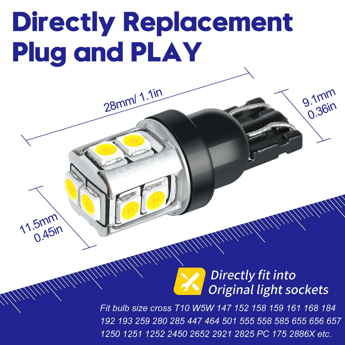 T10 LED Bulbs 168 175 194 2825 W5W - Super Bright White 6000K Interior & Exterior Car Lights - 12V-24V Replacement Bulbs (Pack of 4) - Perfect for Dome, Map, Reverse & Backup Lights