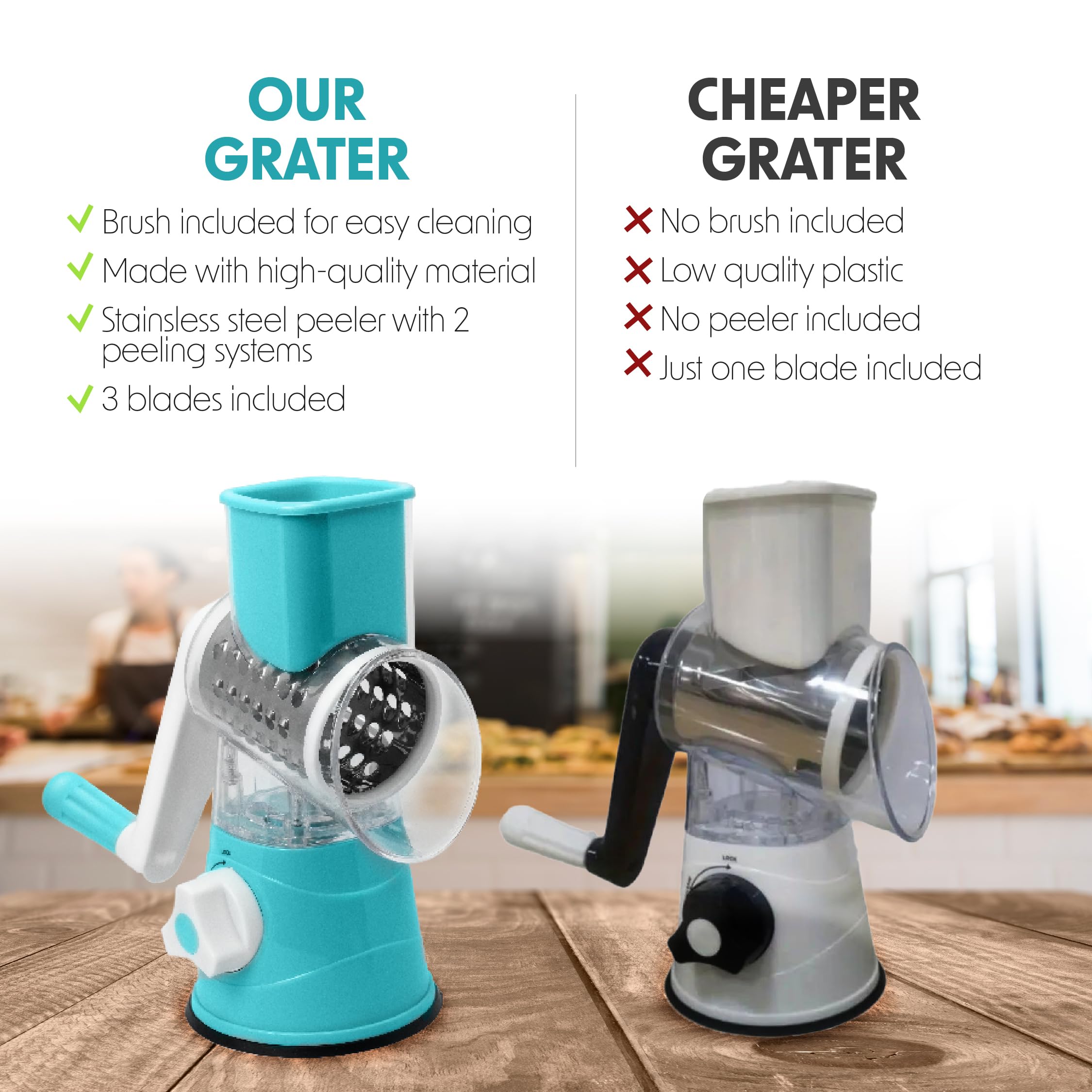 Stainless Steel Rotary Cheese Grater - Hand Crank Kitchen Gadget for Shredding Cheese, Fruits & Vegetables - Includes Brush & Peeler - Perfect for Salads, Pasta & Baking