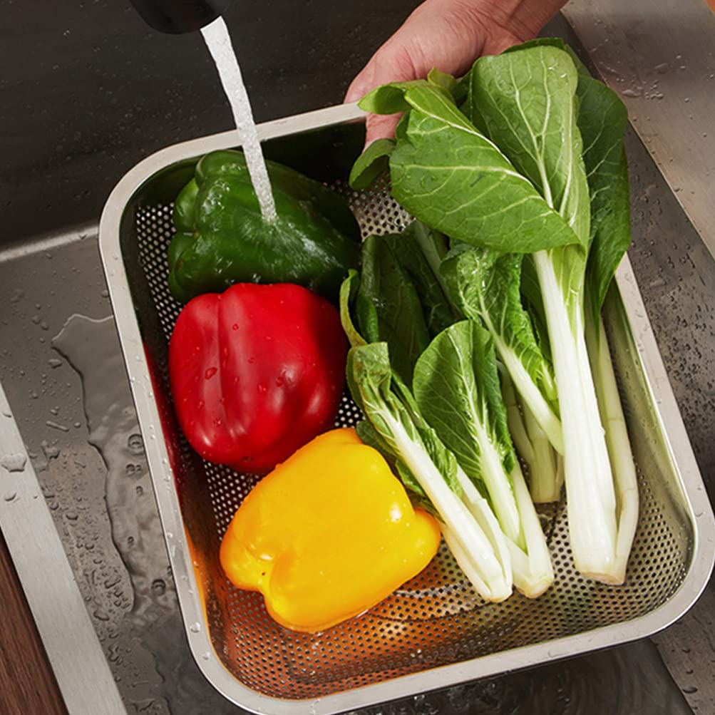 Stainless Steel Square Kitchen Strainer Colander Basket - Durable Fruit & Vegetable Washing Bowl for Mixing, Draining, and Food Prep - Perfect for Salad Making, Pasta Draining, and Kitchen Organization