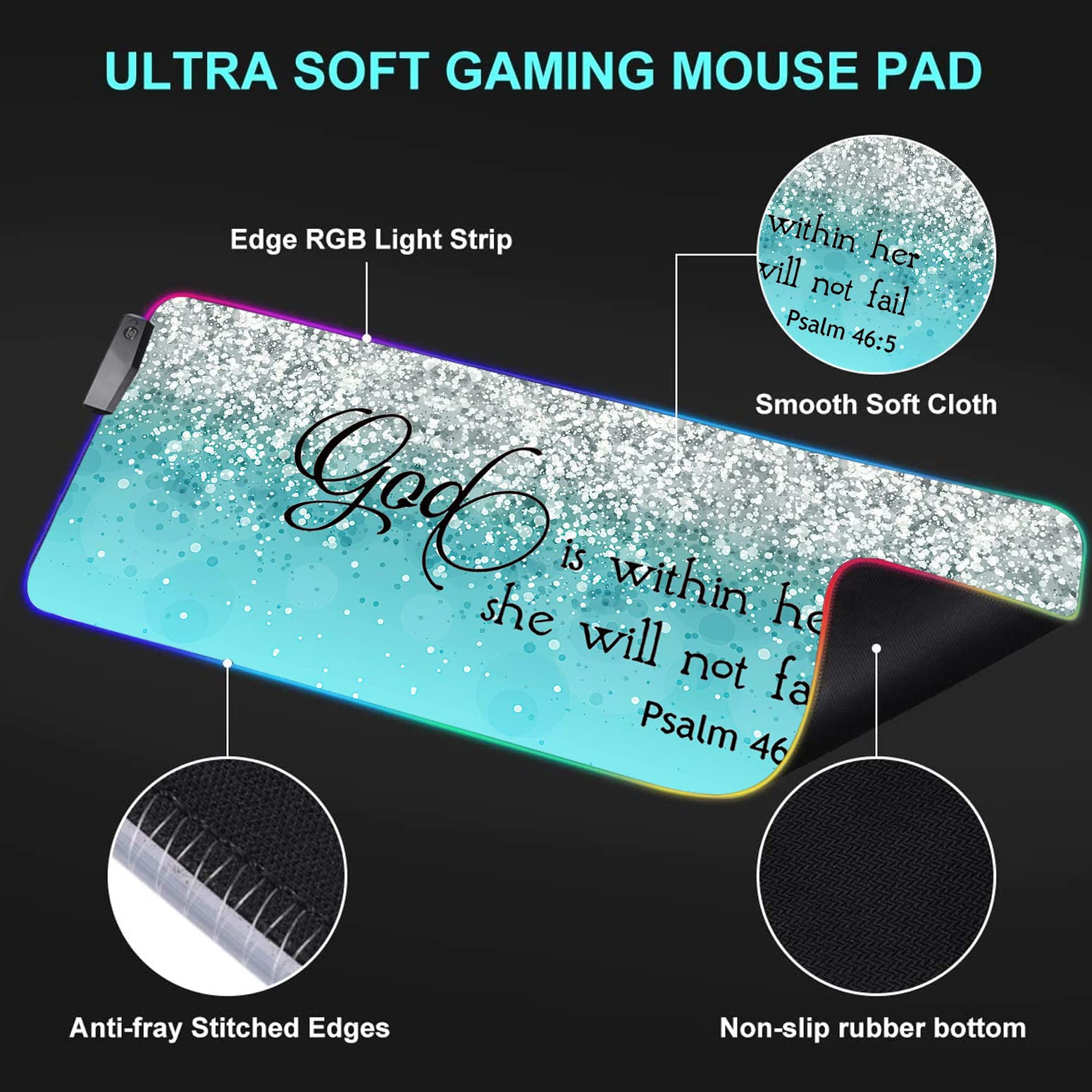 RGB Gaming Mouse Pad Large - LED Light Up Desk Mat with Optical Waterproof Surface - Extra Large Keyboard Mouse Pad for PC Gaming Setup - Perfect for Gamers & Office Work - Inspirational Psalm 46:5 Design in Blue - Ideal for Esports, Streaming & Home Office Workspace
