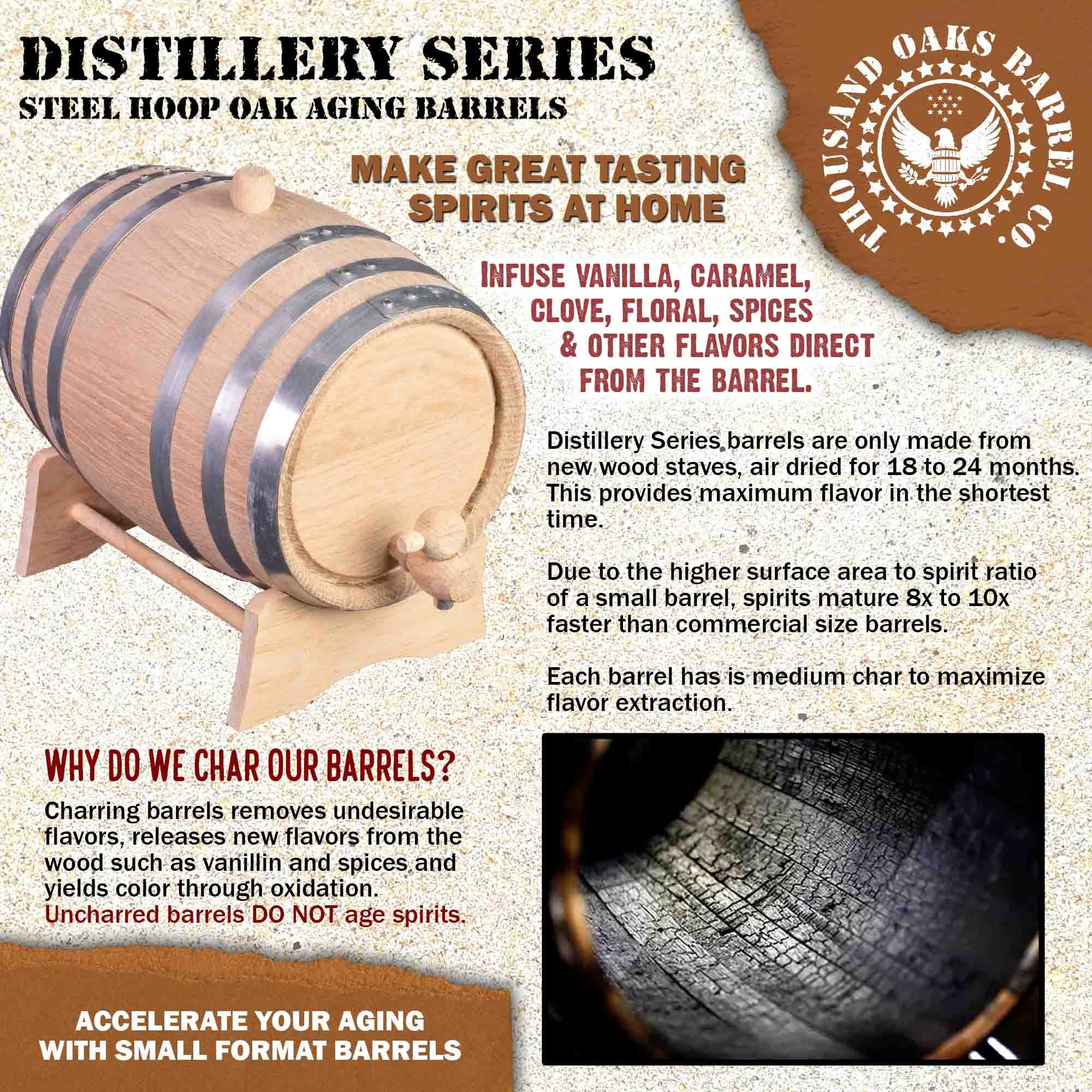 2.5 Gallon Oak Whiskey Aging Barrel with Wood Stand - Unvarnished Charred Oak Barrel for Bourbon, Wine & Spirits | Home Brewing, Distilling & Winemaking | Perfect for Small Batch Aging, DIY Craft Spirits & Home Bar Decor (10 Liter)