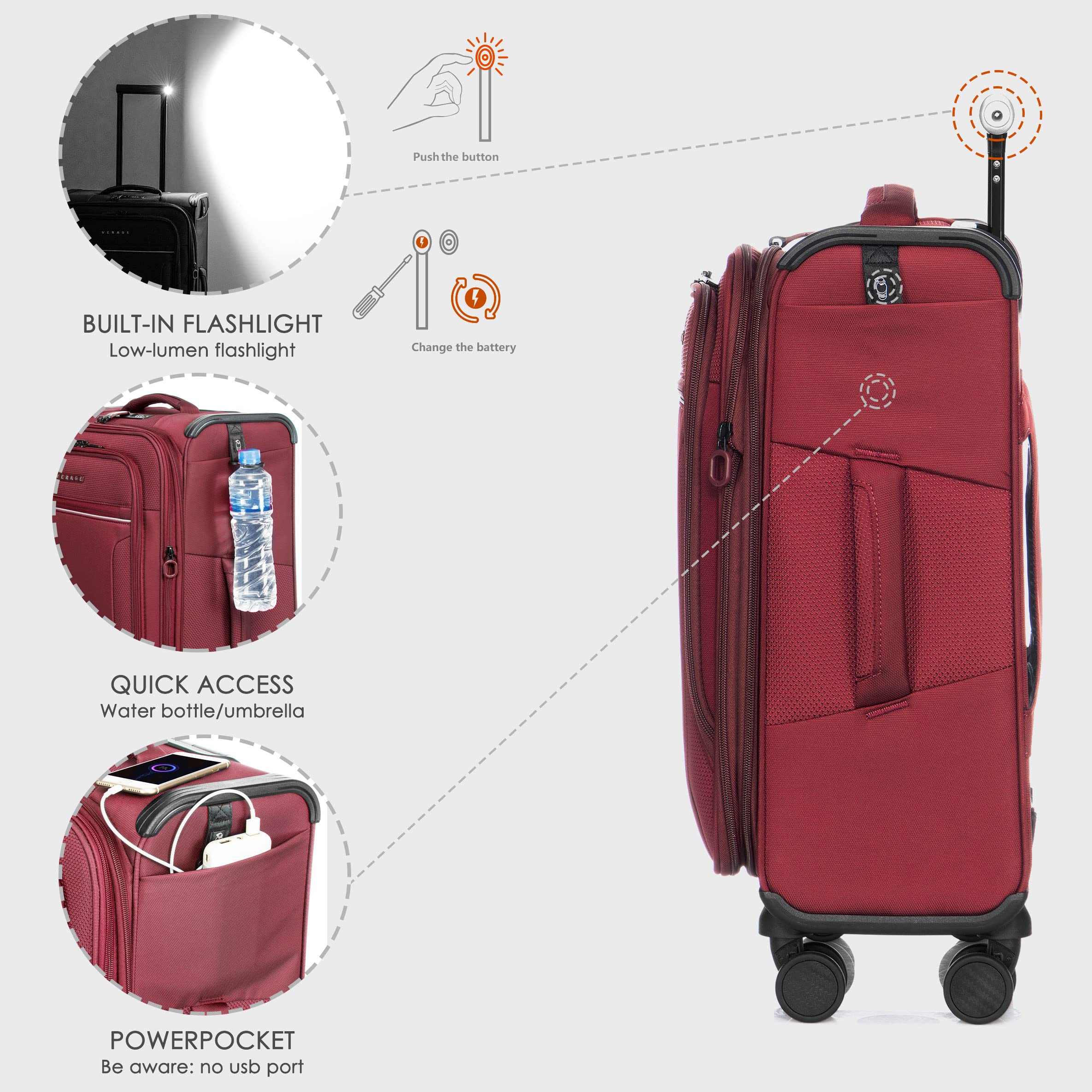 Vergae Toledo 20-Inch Expandable Softside Carry On Luggage with 360° Spinner Wheels - Burgundy Suitcase for Air Travel, Business Trips & Weekend Getaways