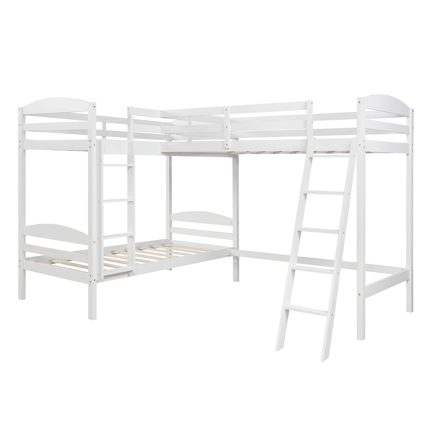 **Twin Size L-Shaped Wooden Bunk Bed & Loft Bed for Kids - 3 Person Corner Bunk Bed Frame with 2 Ladders & Guardrail (White) - Perfect for Small Bedrooms, Shared Kids' Rooms & Space-Saving Solutions**