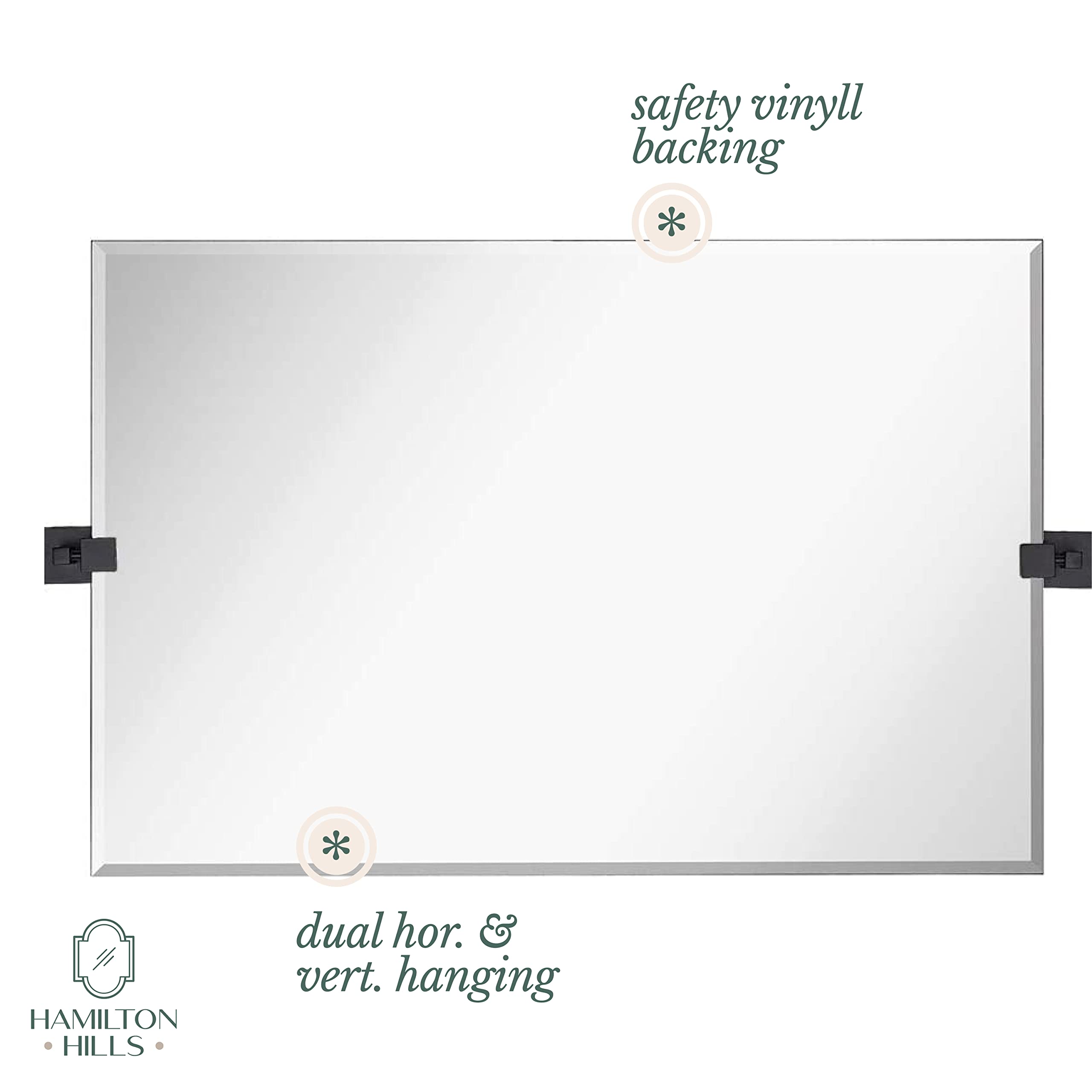 20x30 Inch Pivot Wall Mirror with Matte Black Brackets - Frameless Rectangular Bathroom Mirror - Adjustable & Tilting Vanity Mirror for Modern Farmhouse Decor - Perfect for Bathroom, Bedroom, and Entryway