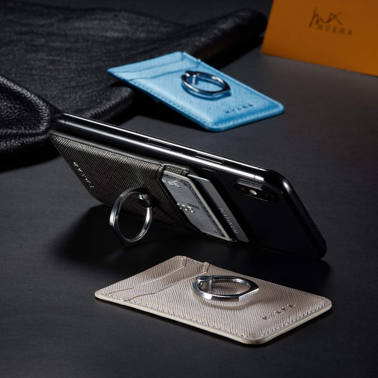 Phone Card Holder with Ring Grip - Adhesive Stick-on Credit Card Wallet Pocket for iPhone, Android & Smartphones (Gun Metal) | Perfect for Hands-Free Shopping, Travel & Daily Essentials