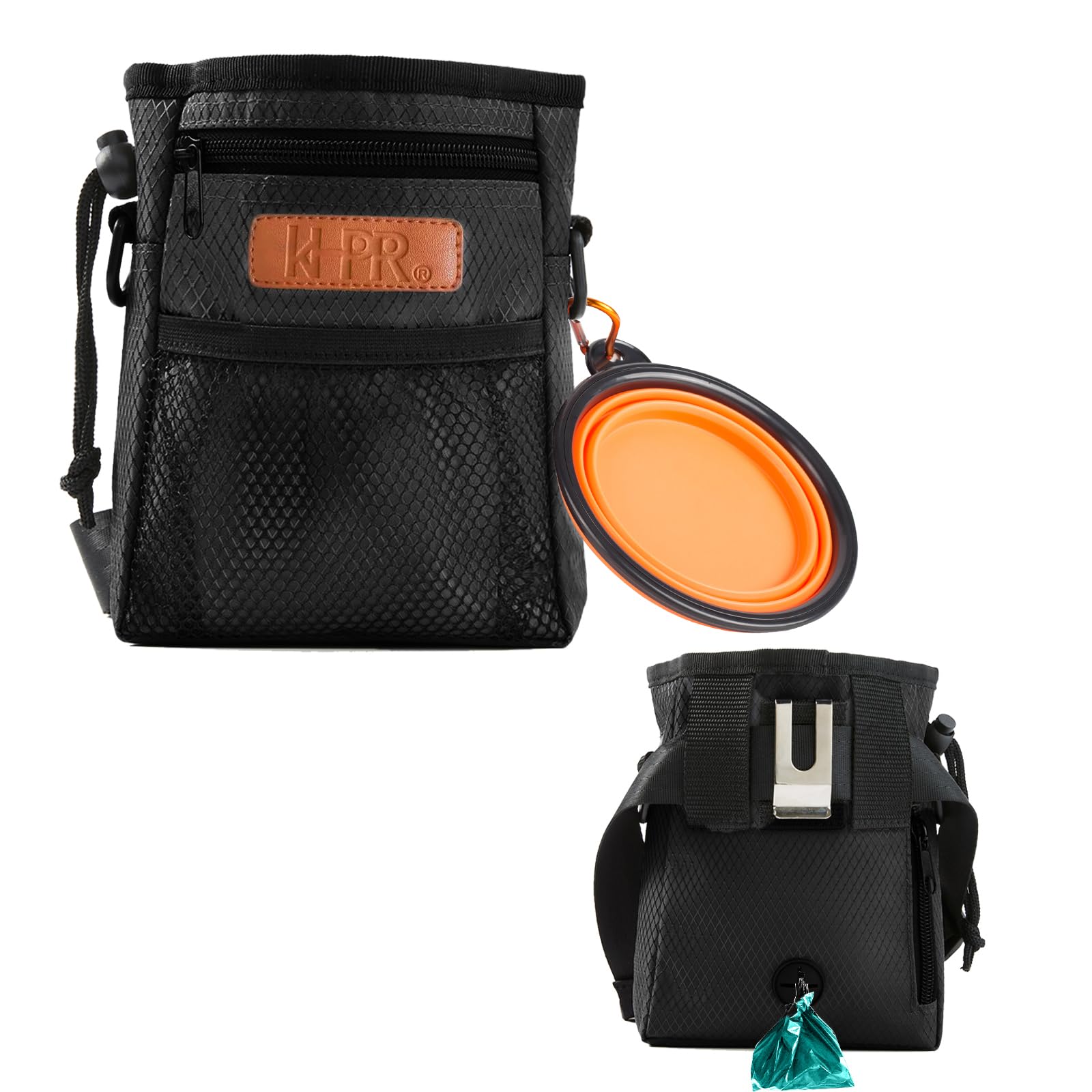 **Dog Training Treat Pouch with Built-in Poop Bag Dispenser & Foldable Silicone Bowl – Hands-Free, 3-Way Wear for Walks, Hiking & Outdoor Adventures (Black)**