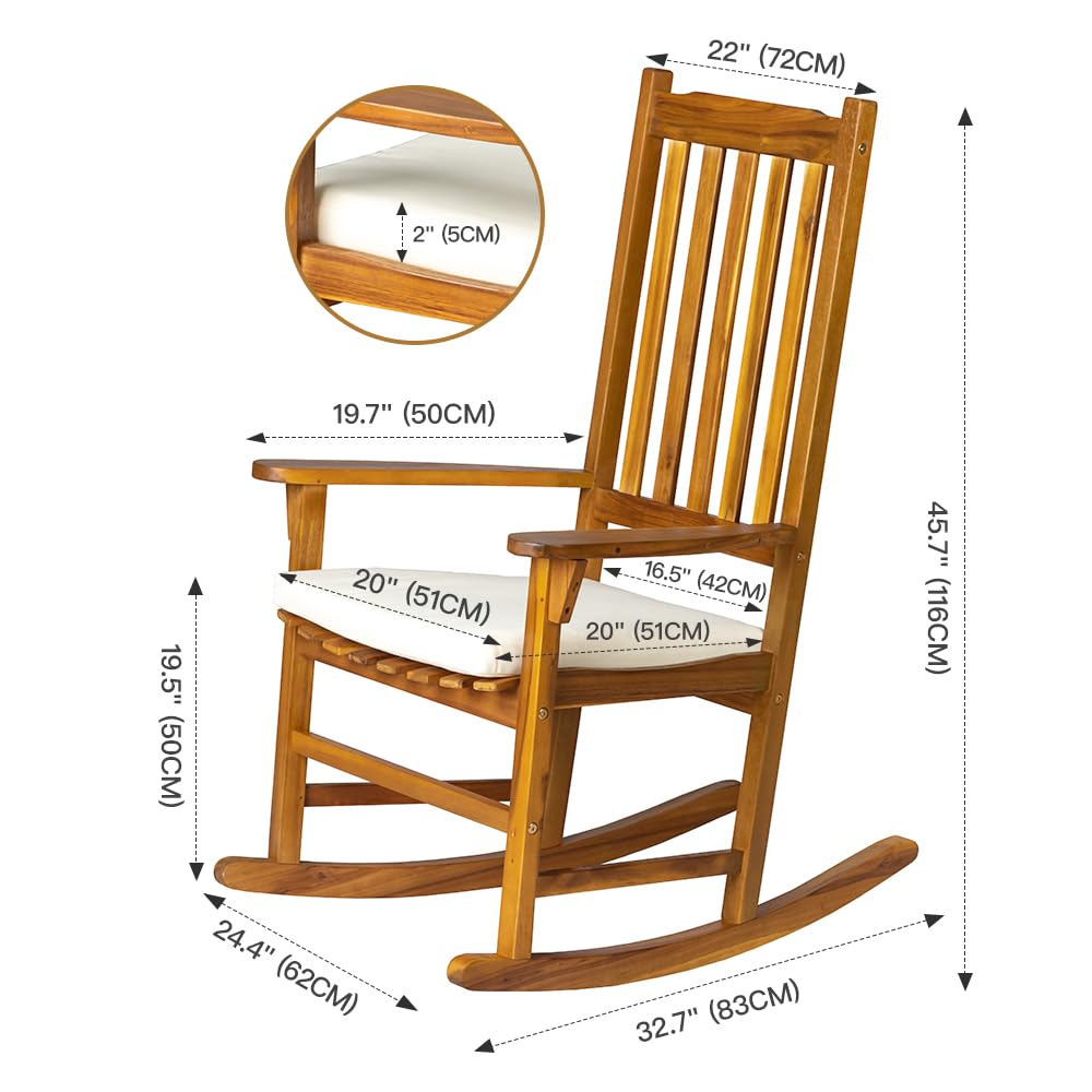 Premium Acacia Wood Rocking Chair with Cushion - Outdoor & Indoor Patio Rocker for Porch, Garden, Balcony, Backyard, Living Room - Perfect for Relaxing, Reading & Enjoying Nature