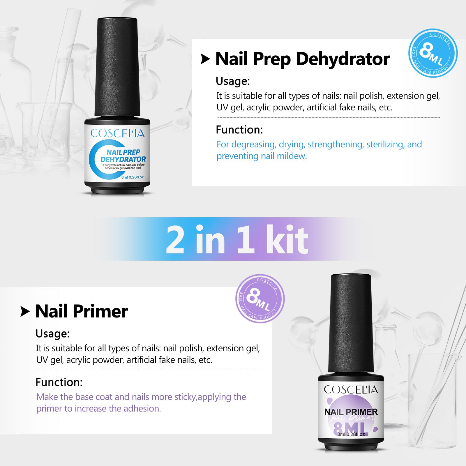 COSCELIA Acid-Free Nail Primer & Dehydrator - 10ml Nail Prep Solution with Cleansing Wipes for Gel Polish - Perfect for Salon, Home Manicures & DIY Nail Art