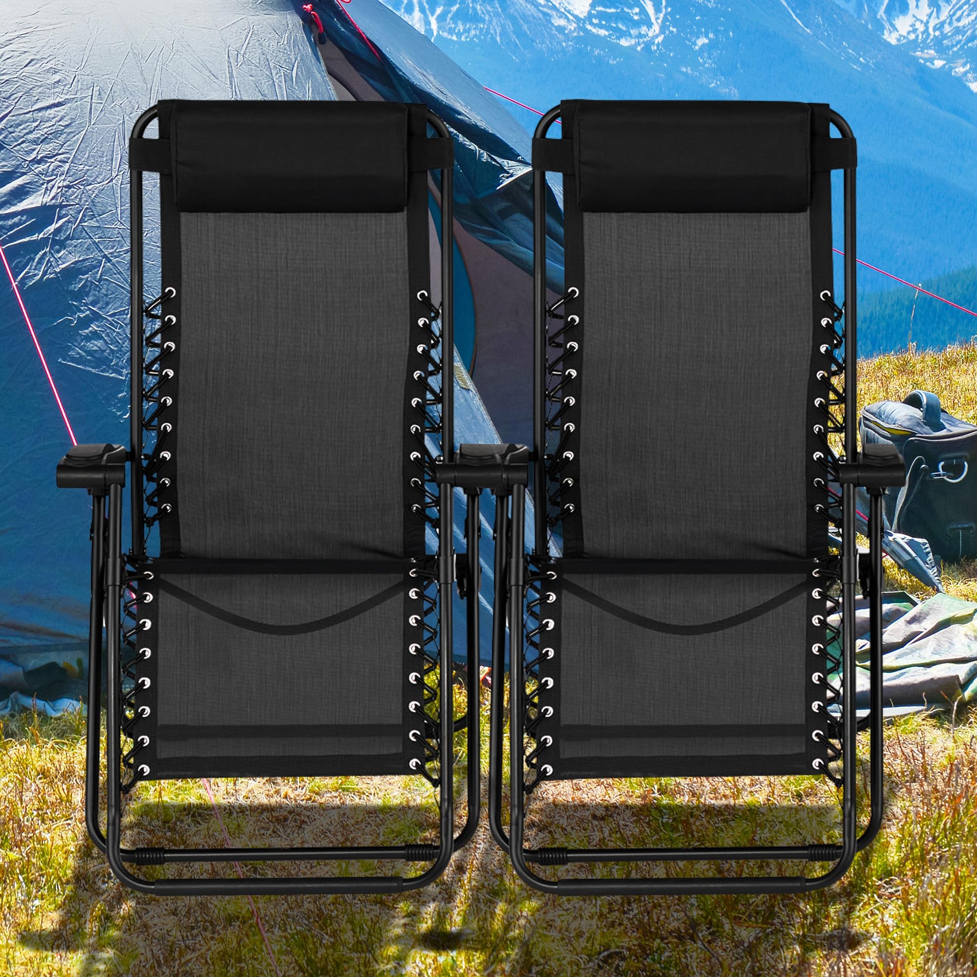 **Adjustable Zero Gravity Folding Camping Chair with Headrest - Portable Outdoor Lounge Chair for Patio, Lawn, Deck & Backyard (Pair, Black) - Perfect for Relaxing, Sunbathing & Camping Trips**