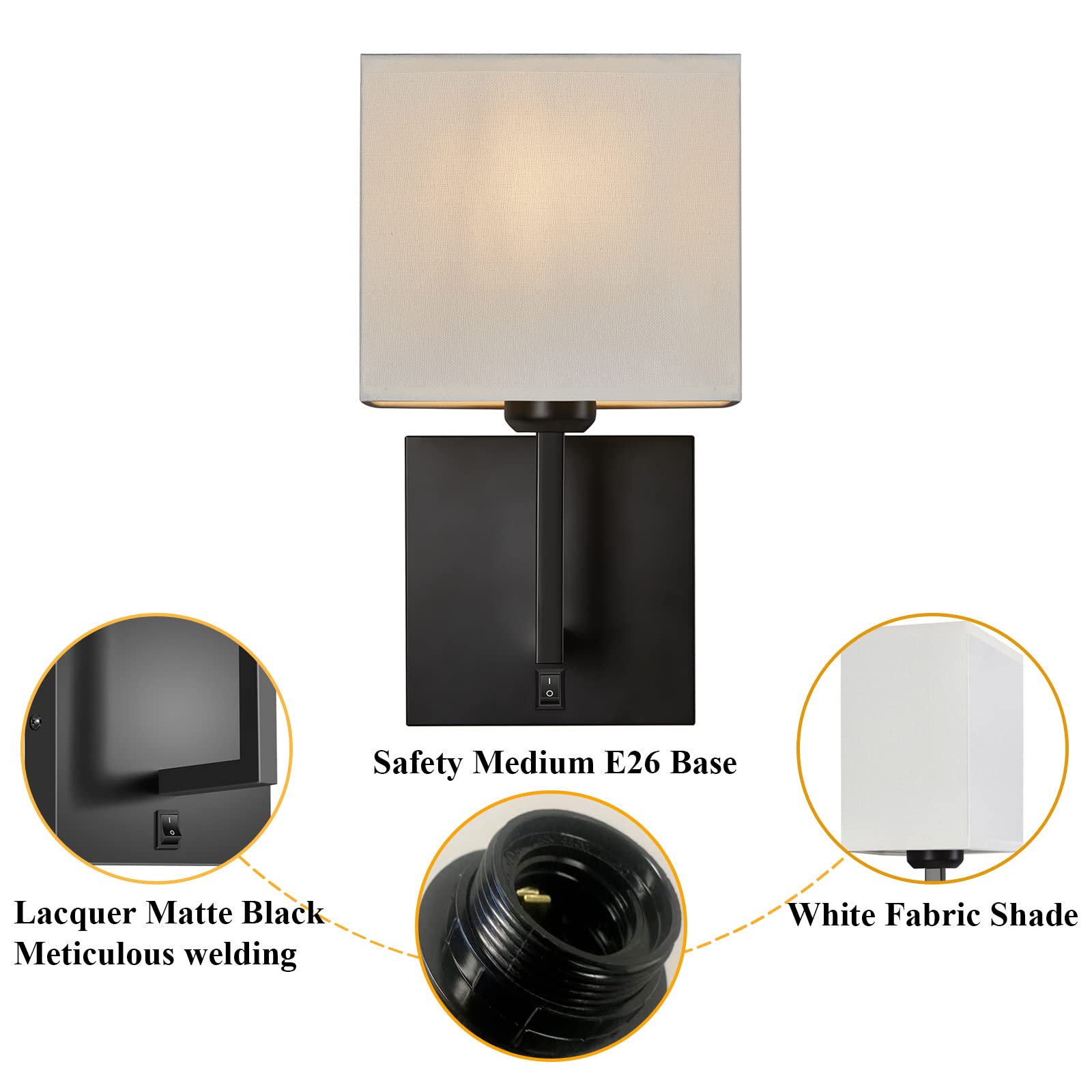 PASSICA DECOR 2-Pack Modern Hardwired Wall Sconces - Black Fabric Wall Mount Light Fixtures with Button Switch for Bedroom, Living Room, Fireplace & Farmhouse Decor | Indoor Wall Lighting for Cozy Ambiance & Nighttime Reading