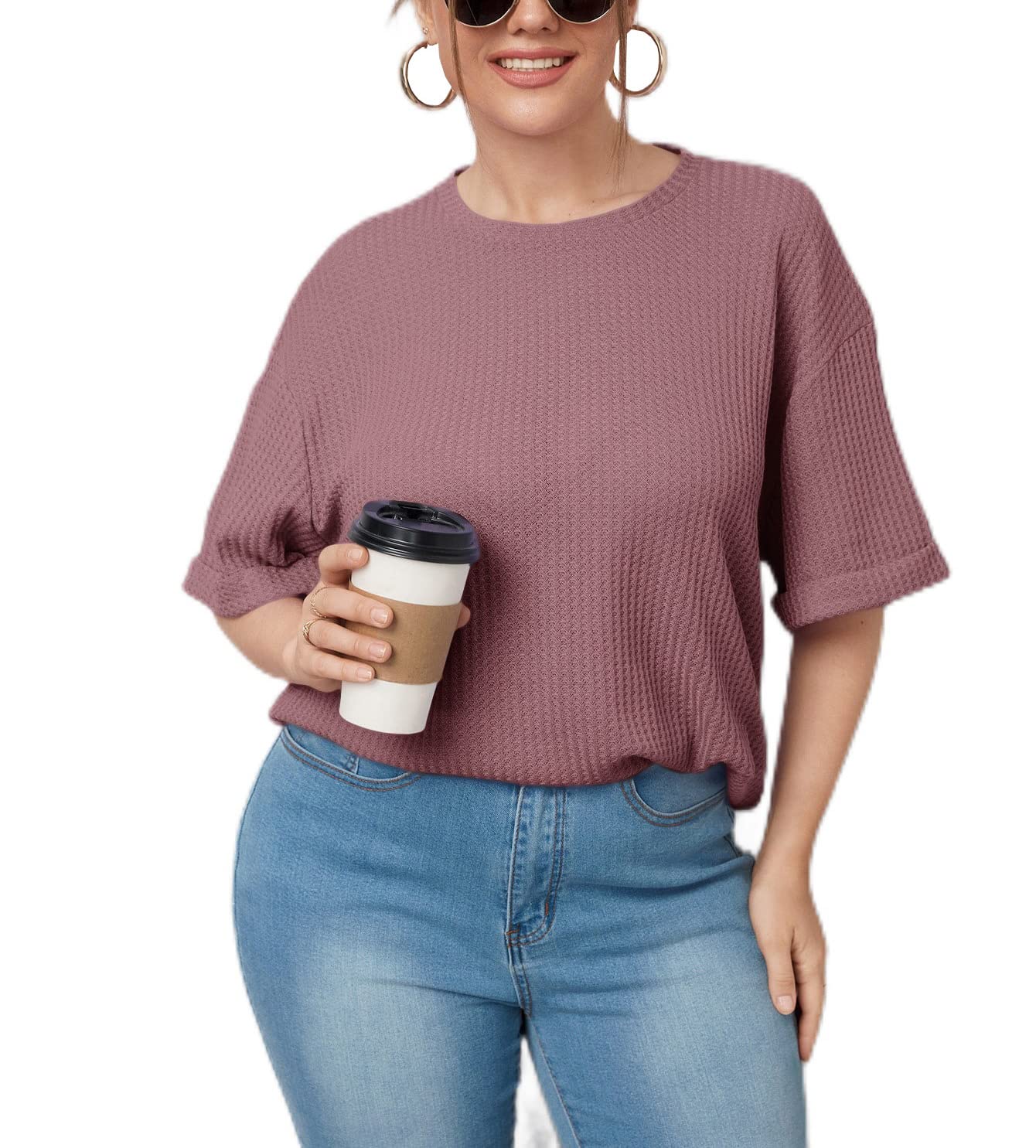 Plus Size Waffle Knit Drop Shoulder T-Shirt for Women - Casual Crewneck Half Sleeve Blouse - Perfect for Everyday Wear, Weekend Outings & Layering