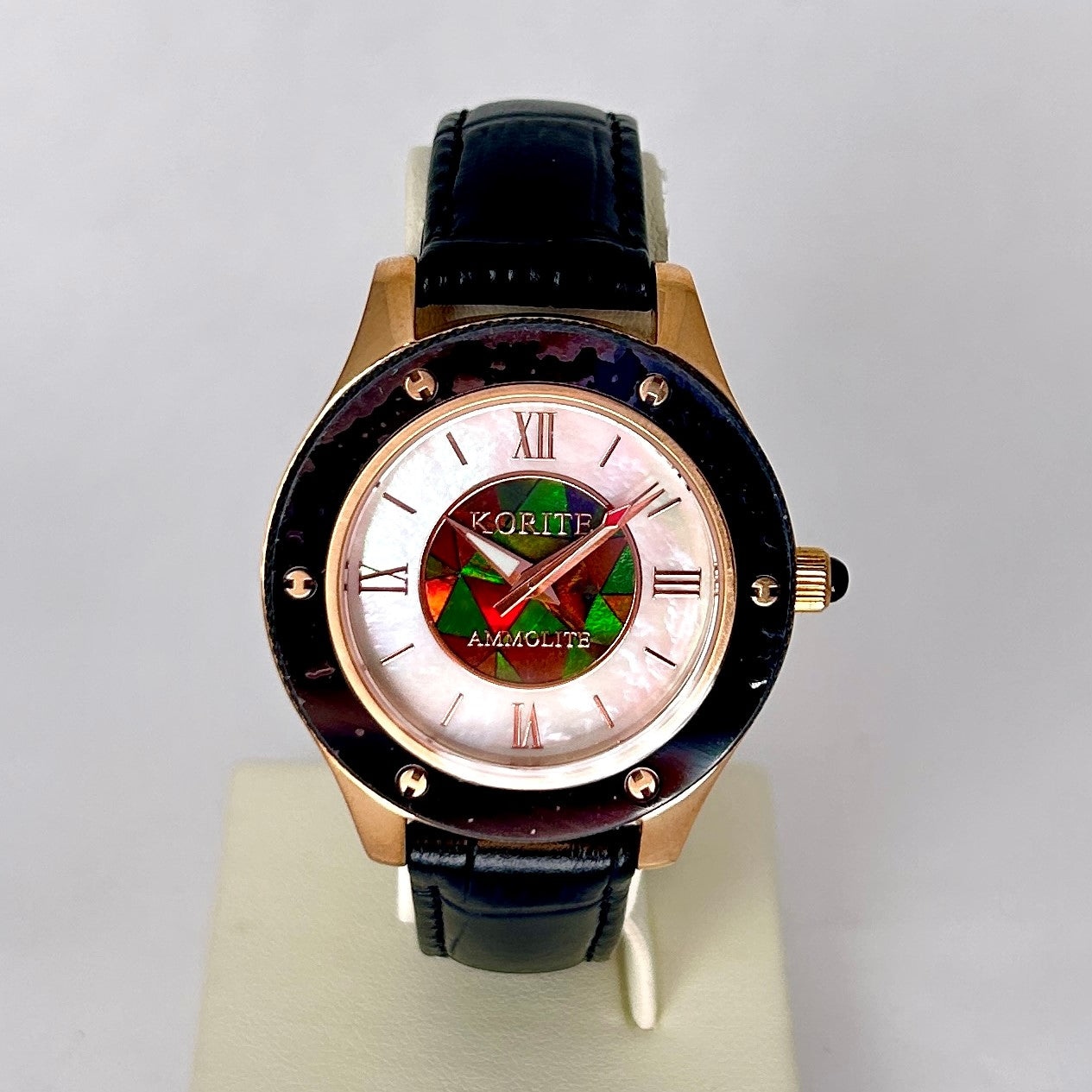 Korite Ammolite Watch - 36mm Round Small Mosaic Ammolite & White Mother of Pearl Dial with Black Leather Strap | Luxury Jewelry Watch for Women, Perfect for Formal Events & Gift Giving