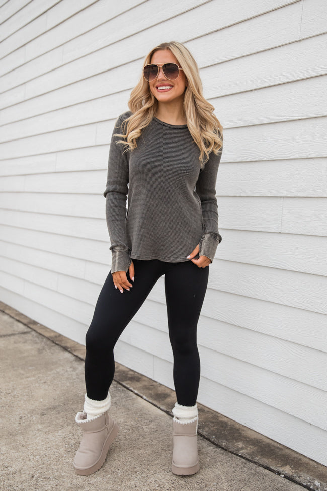 Black Acid Wash Waffle Fitted Tee for Women - Vintage Distressed Cotton T-Shirt - Casual Streetwear & Layering Essential