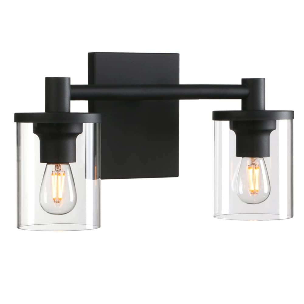 Pathson 2-Light Vintage Wall Sconce - Clear Glass Shade & Metal Base Industrial Wall Mount Lamp for Bathroom, Bedroom, Vanity Mirror, Hallway & Kitchen Lighting (Black) - Perfect for Ambient Lighting and Home Decor