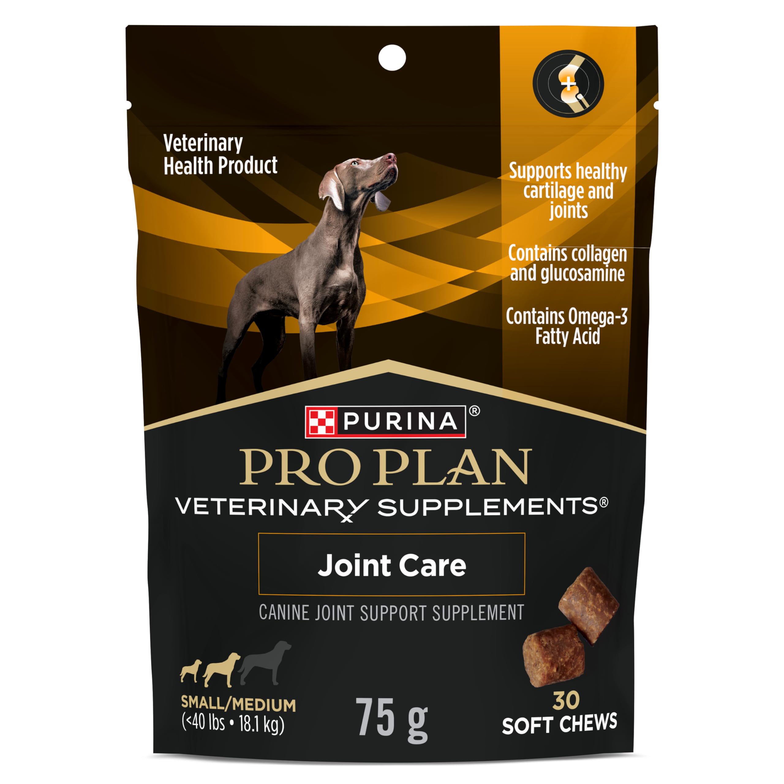 Purina Pro Plan Veterinary Supplements Joint Care Dog Chews with Glucosamine & Collagen for Small/Medium Breeds - 75g Bag (30 Count) | Supports Hip & Joint Health for Active Dogs, Senior Pets & Post-Surgery Recovery