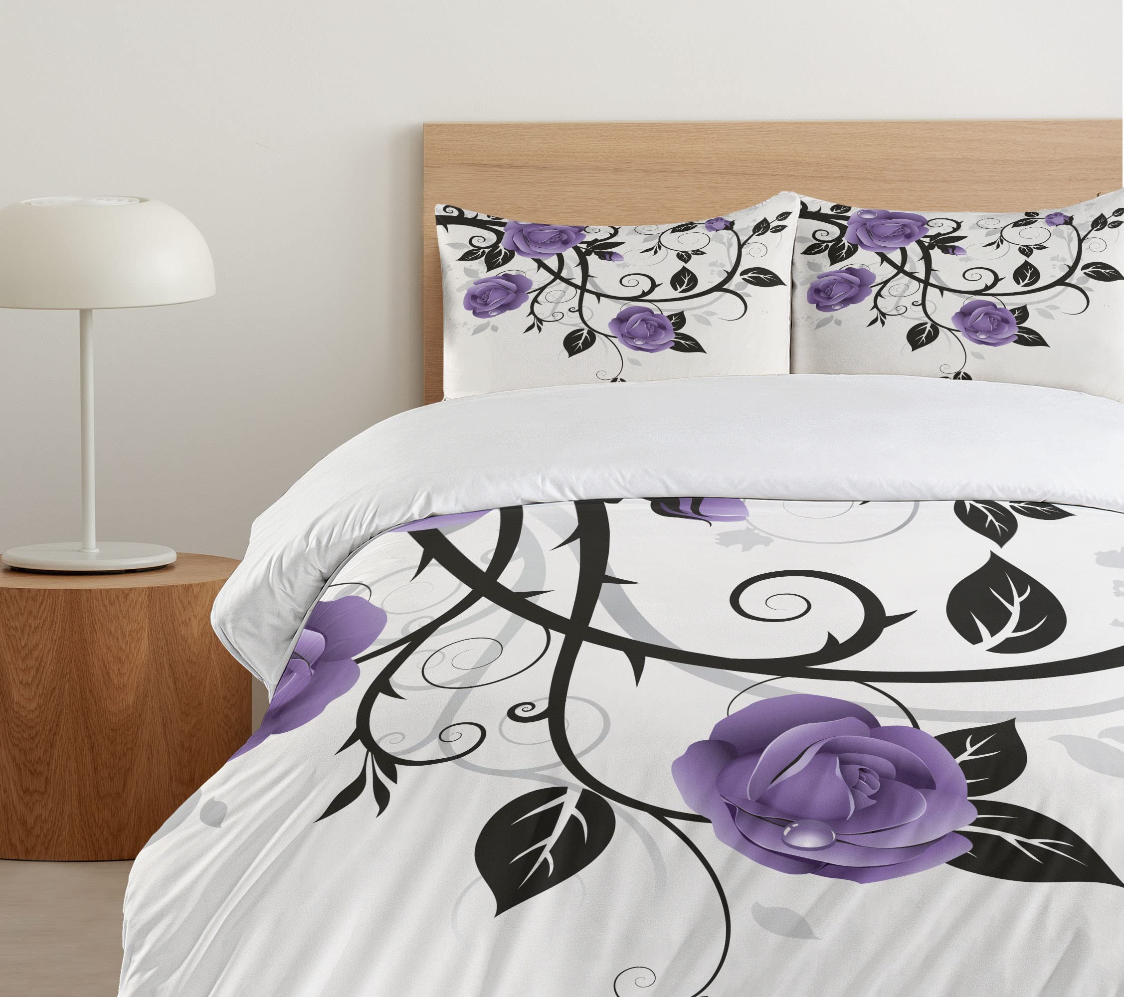 Lunarable Floral Duvet Cover Set - Spring Roses with Monochrome Branches on Grunge Background, 3-Piece Bedding Set with 2 Pillow Shams, California King Size, Lavender Black & White | Perfect for Bohemian Bedroom Decor & Guest Room Styling