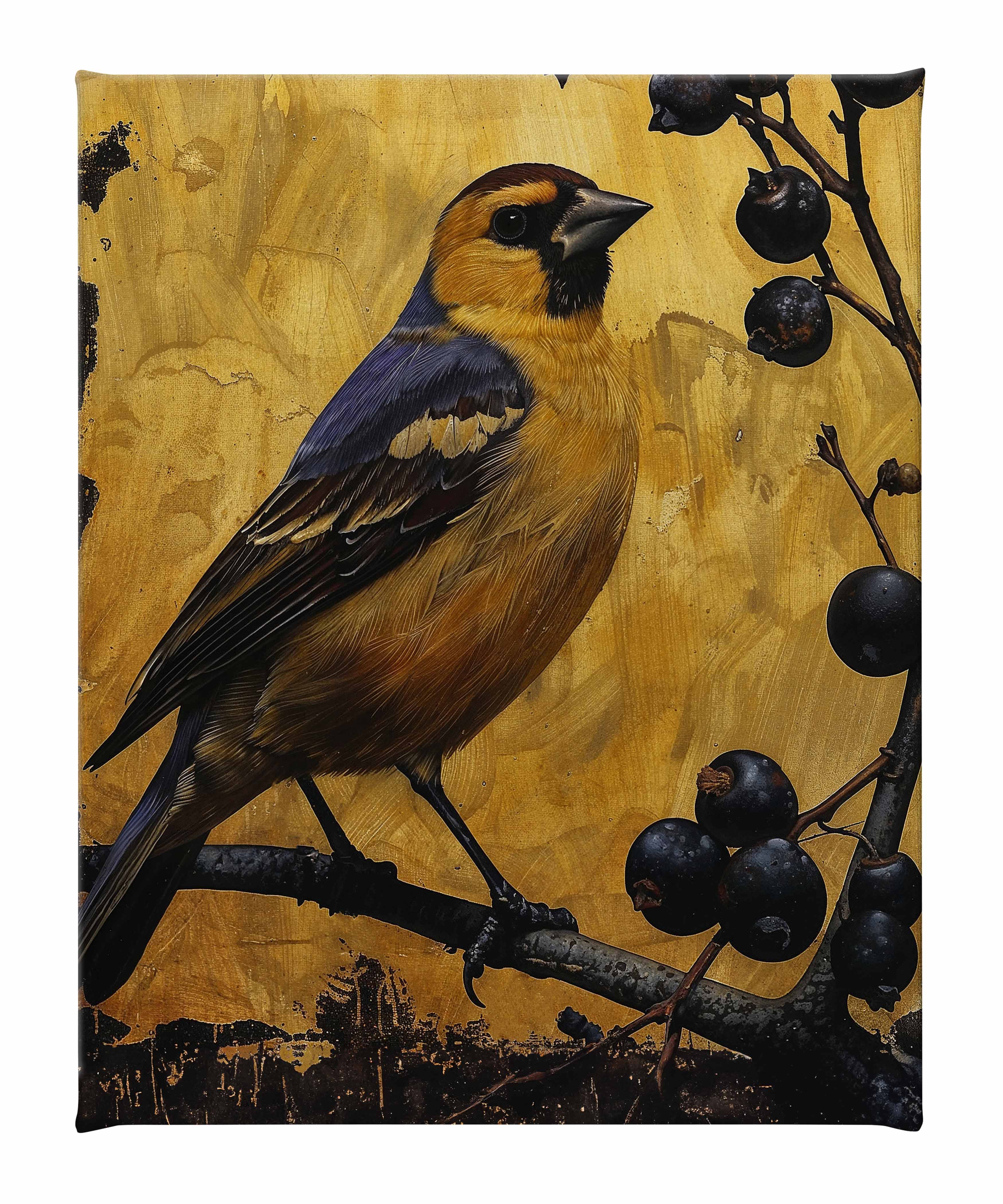 Gilded Harmony Finch Among Berries Gallery Wrapped Canvas Wall Art - Beautiful Nature Bird Painting for Living Room, Bedroom & Office Decor