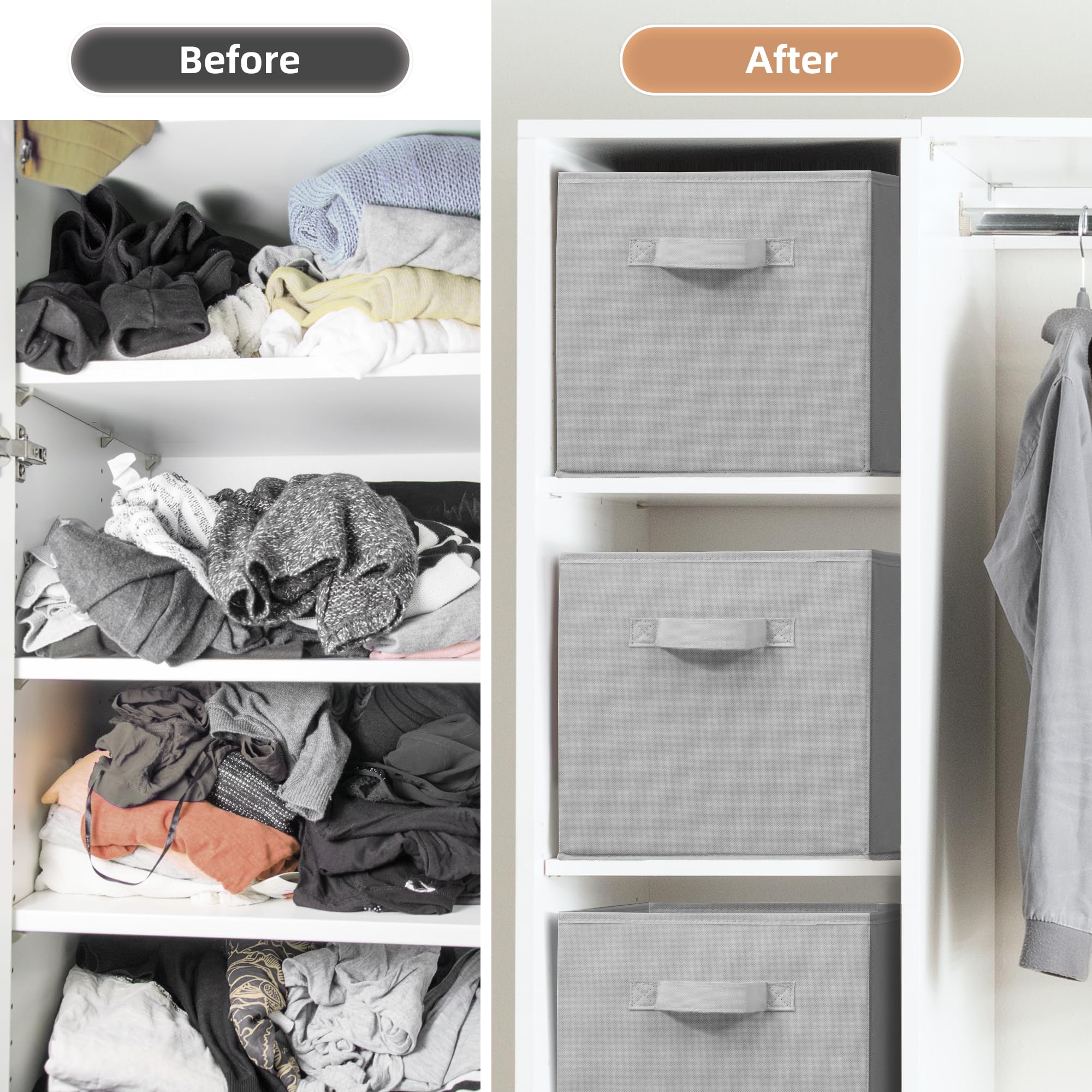 STORAGE MANIAC 11 Inch Collapsible Storage Bins with Handles - 6 Pack Foldable Fabric Organizer Bins for Closet, Shelves, Office, Toys - Grey | Space-Saving Home & Kids Room Organization Solution