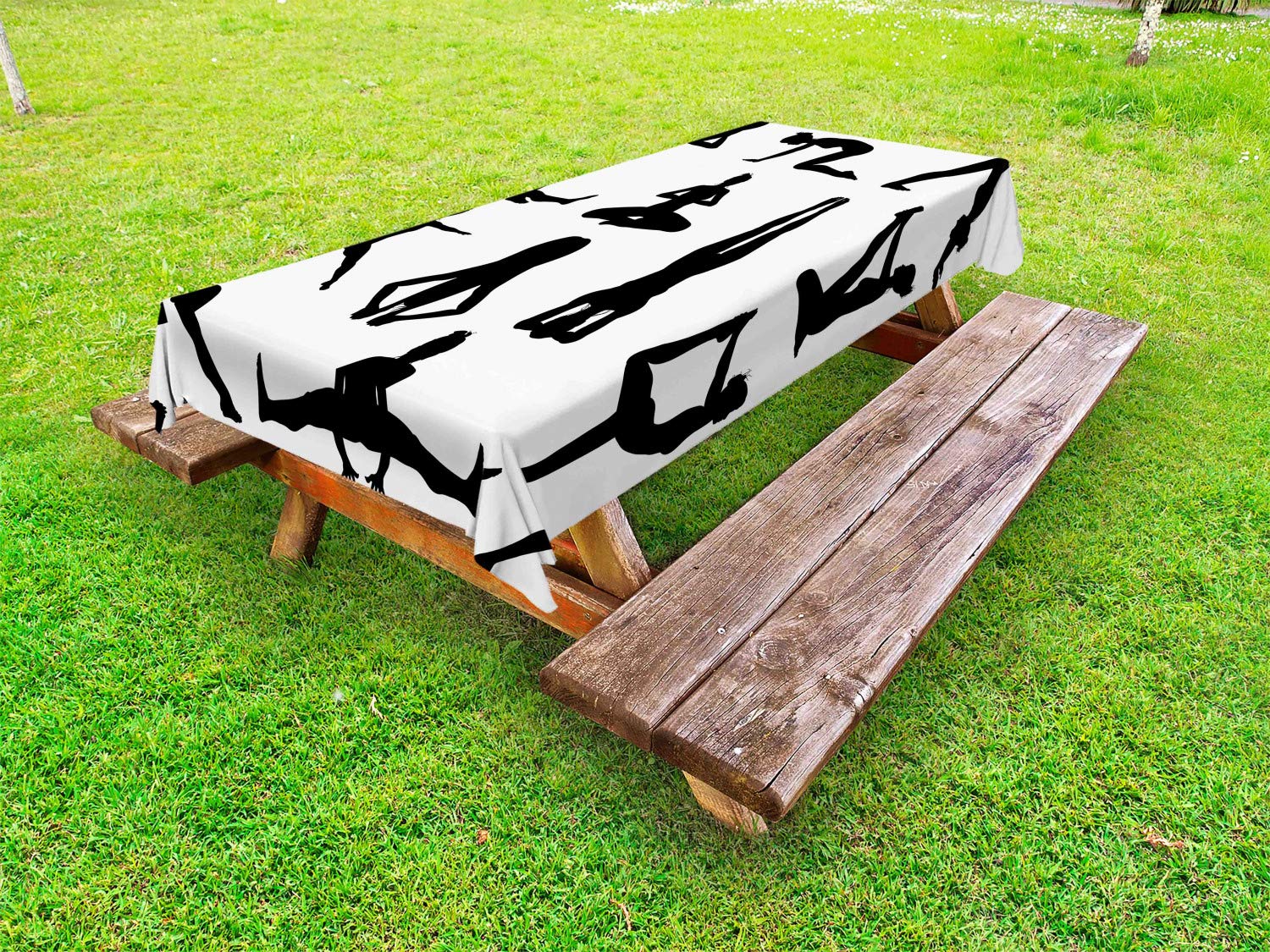 Ambesonne Yoga & Pilates Tablecloth - Black and White Washable Outdoor Picnic Blanket 58